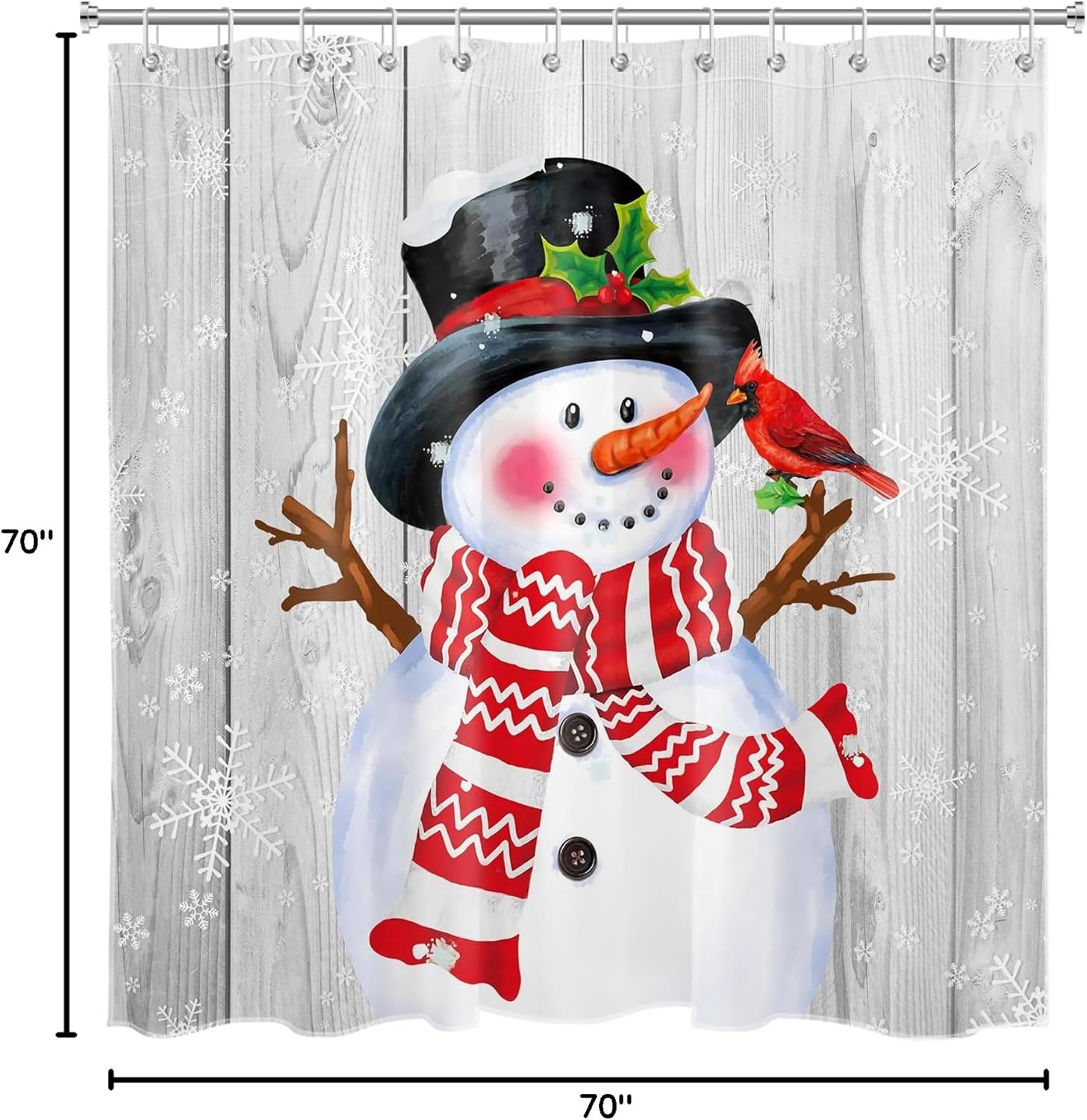LB Farmhouse Christmas Shower Curtain Sets with Rugs Snowman Cardinal with Snowflake on Vintage Wooden Plank Fabric Shower Curtain with Hooks Winter Holiday Bathroom Curtains Shower Set, 70x70 inches