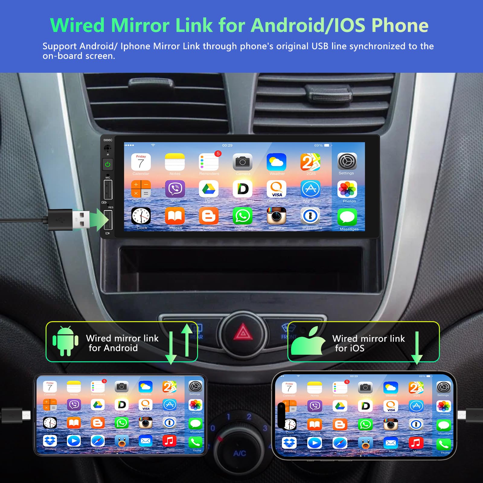 Podofo Autoradio 1 Din avec CarPlay Android Auto, Écran Tactile de 6.86 Pouces Bluetooth Radio avec FM Lien Miroir + AHD Caméra de Recul&Mic