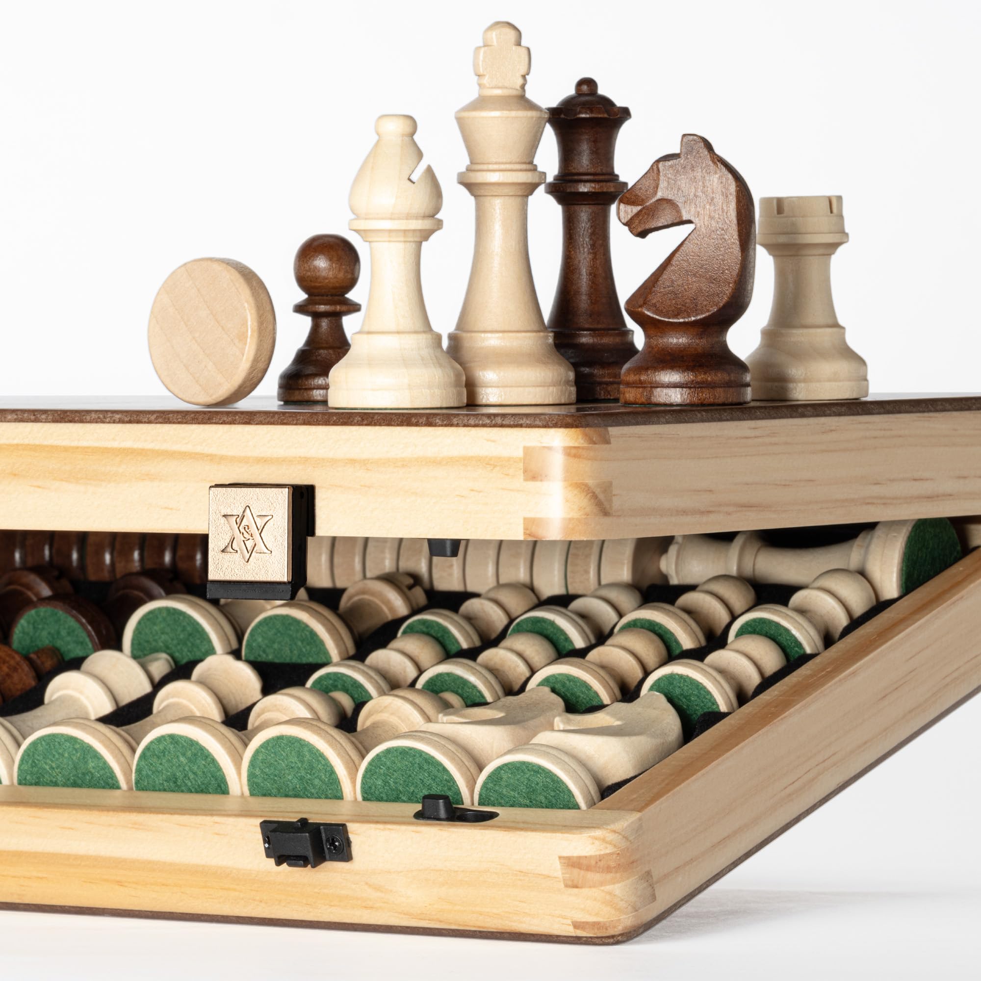 A&A Jeu d'échecs magnétique pliable en bois de 38,1 cm avec pièces d'échecs Staunton de 7,6 cm de hauteur - boîte en pin avec incrustation en acajou et érable