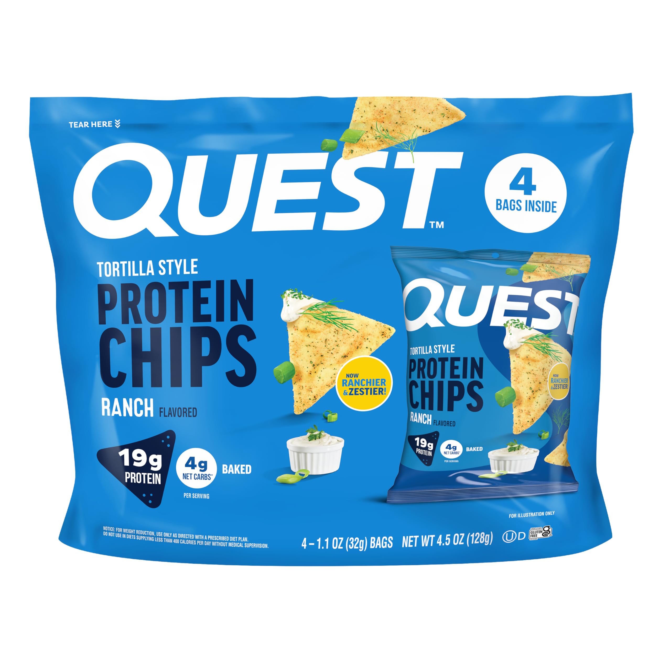Quest Nutrition Ranch Tortilla Style Protein Chips, 4 Count | 19g Protein, 4g Net Carbs, Gluten Free, Baked Chips, Zesty Ranch Flavor, Individually Wrapped 1.1oz Bags Ranch 1.1 Ounce (Pack of 4)