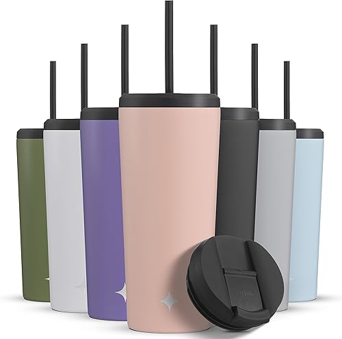 Vista 80 de JoyJolt Vaso aislado al vacío de 24 onzas con tapa y popote (2 de cada uno) vaso de acero inoxidable de doble pared al vacío, con forro de cobre