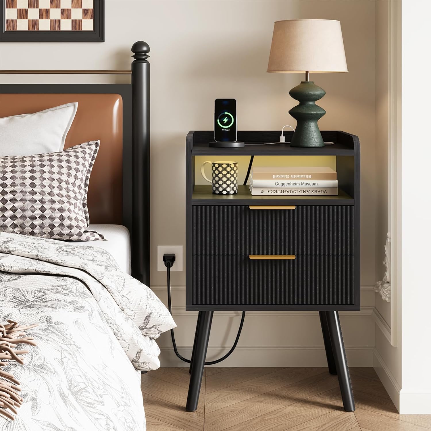 Fixwal Black Fluted Nightstand with Charging Station, LED Night Stand with 2 Wood Drawers for Bedroom, Modern Bedside Table, 15.7 x 11.8 x 25.6in