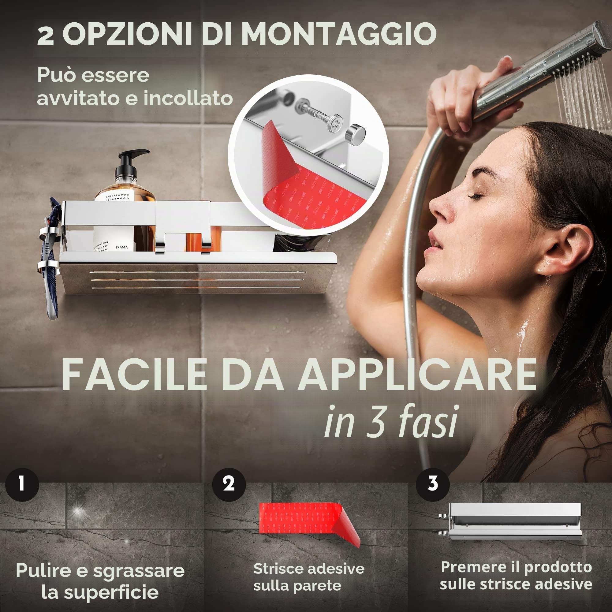 HENAL® Set di ripiani per doccia 5 in 1, in acciaio inox lucido, incollare senza forare, con supporto per rasoio, supporto per tergicristallo doccia, portasapone e gancio, XXL
