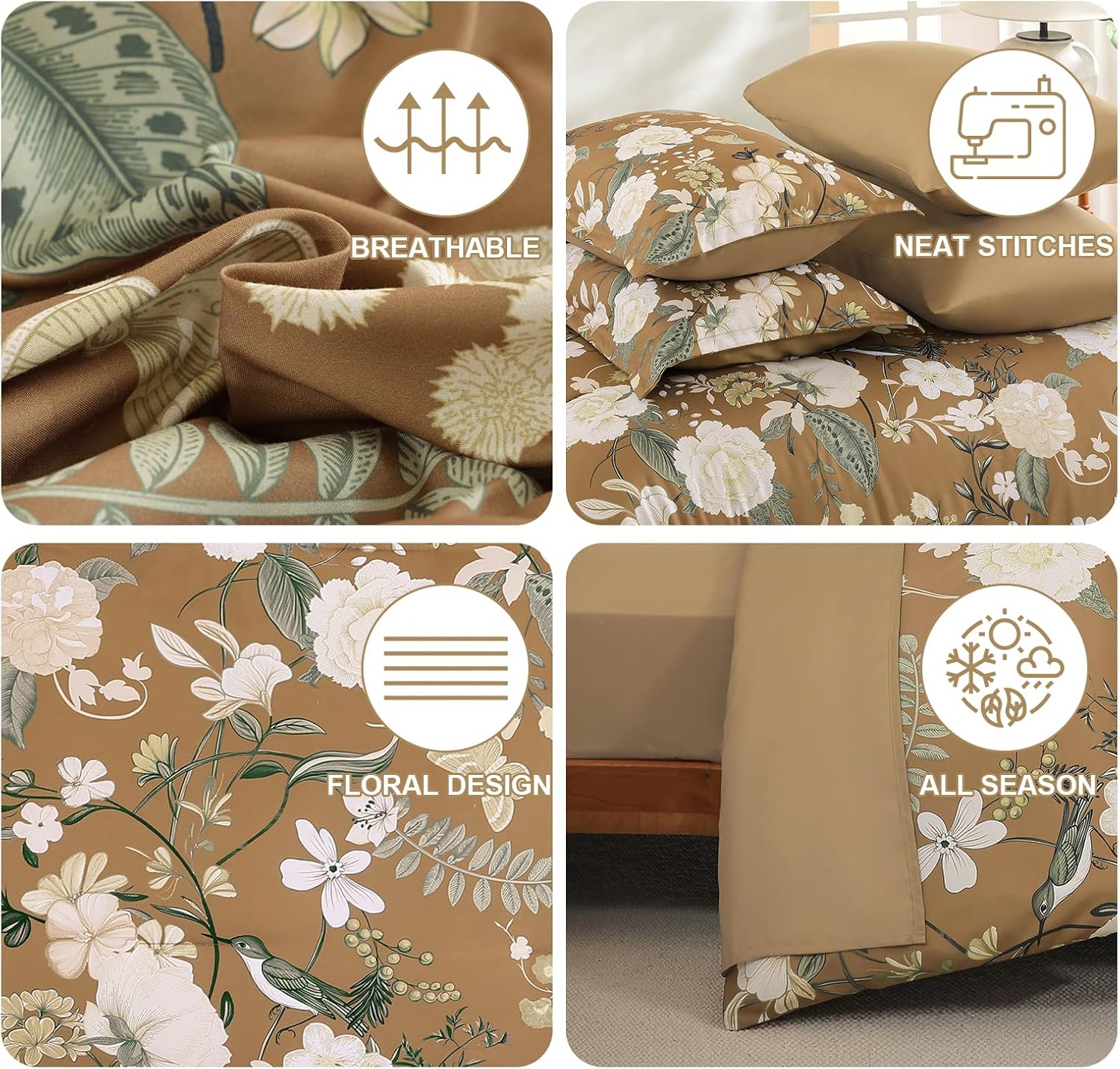 Anibedding 7Pieces Floral Queen Size Comforter Set, Garden Plant Style Bed in a Bag Brown White Flower Bedding Comforter Set with Pillow Case for Bedroom
