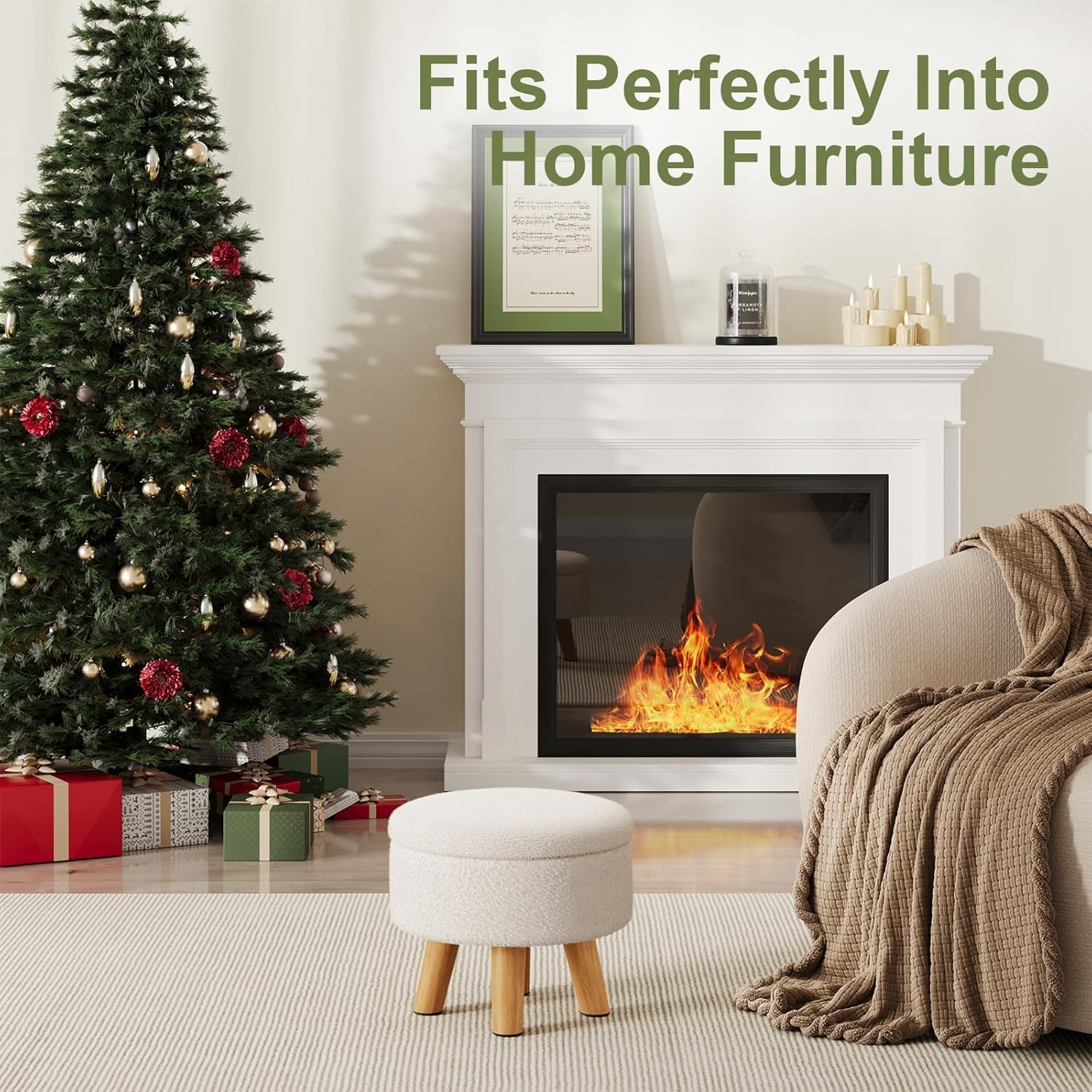 Small Ottoman Footrest, White Boucle Foot Stool, Round Pouf Ottoman with Storage, Teddy Velvet Foot Rest for Couch, Living Room, Nursery, Small Coffee Table Ottomans Stool