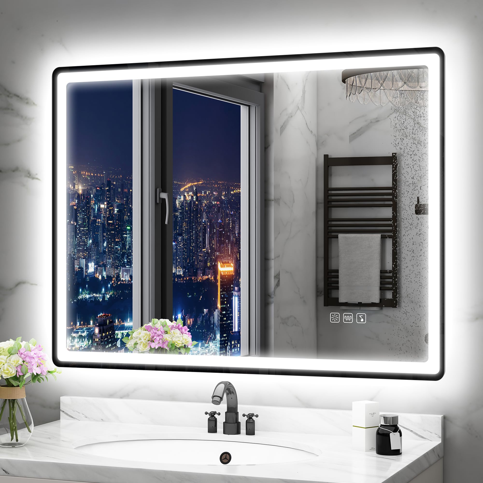 STARLEAD 60x80cm Negro Espejo-Baño-con-Luz y Bluetooth, Antivaho, Regulable, 3 Colores Luz, Función Memoria, IP44 Vidrio Templado Espejo-LED-Baño, Horizontal/Vertical, Marco No Metálico