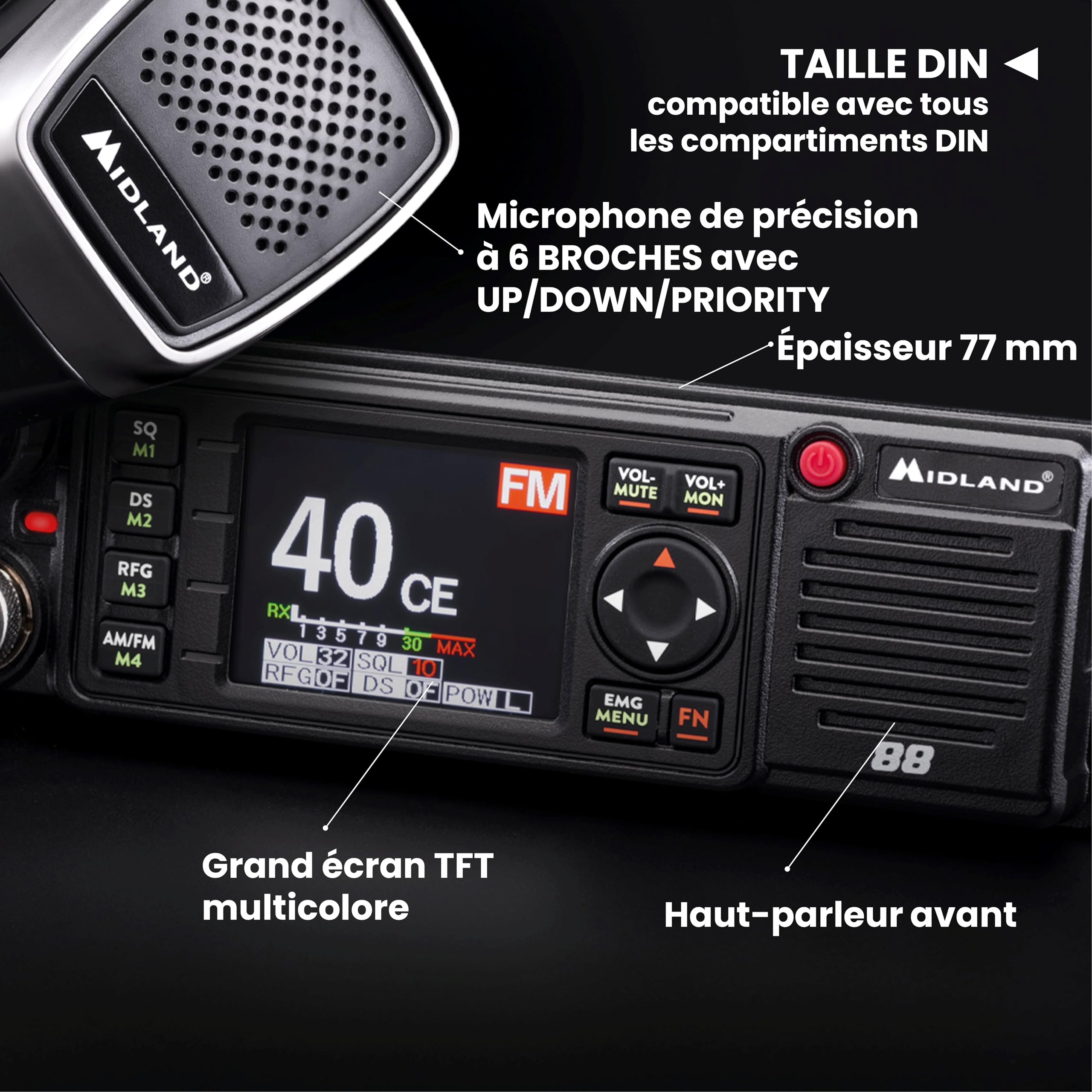 Midland - Radio CB M88 Transport sans Licence, Radio Professionnelle pour Tous Compartiments DIN Voiture Camion Camping-Car et Autres, Écran TFT Multicolore, Noise Blanker/HIC Alimentation Universelle