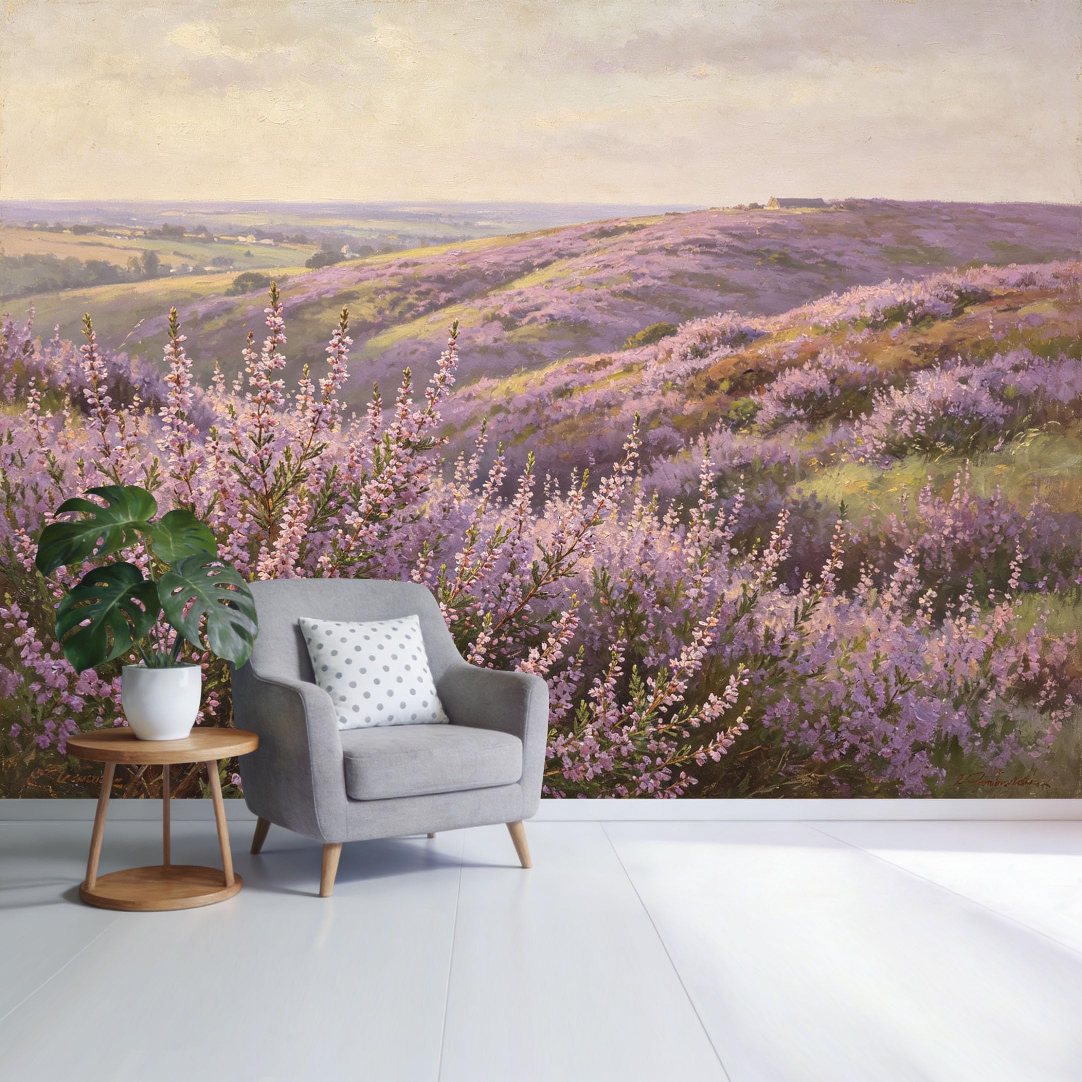 Custom Size Wall Mural Lavender Hill Landscape Purple Flower Field Scenic Horizon Botanical Watercolor Style SelfAdhesive Wall Fabric Removable Wallpaper for Home Office Decor