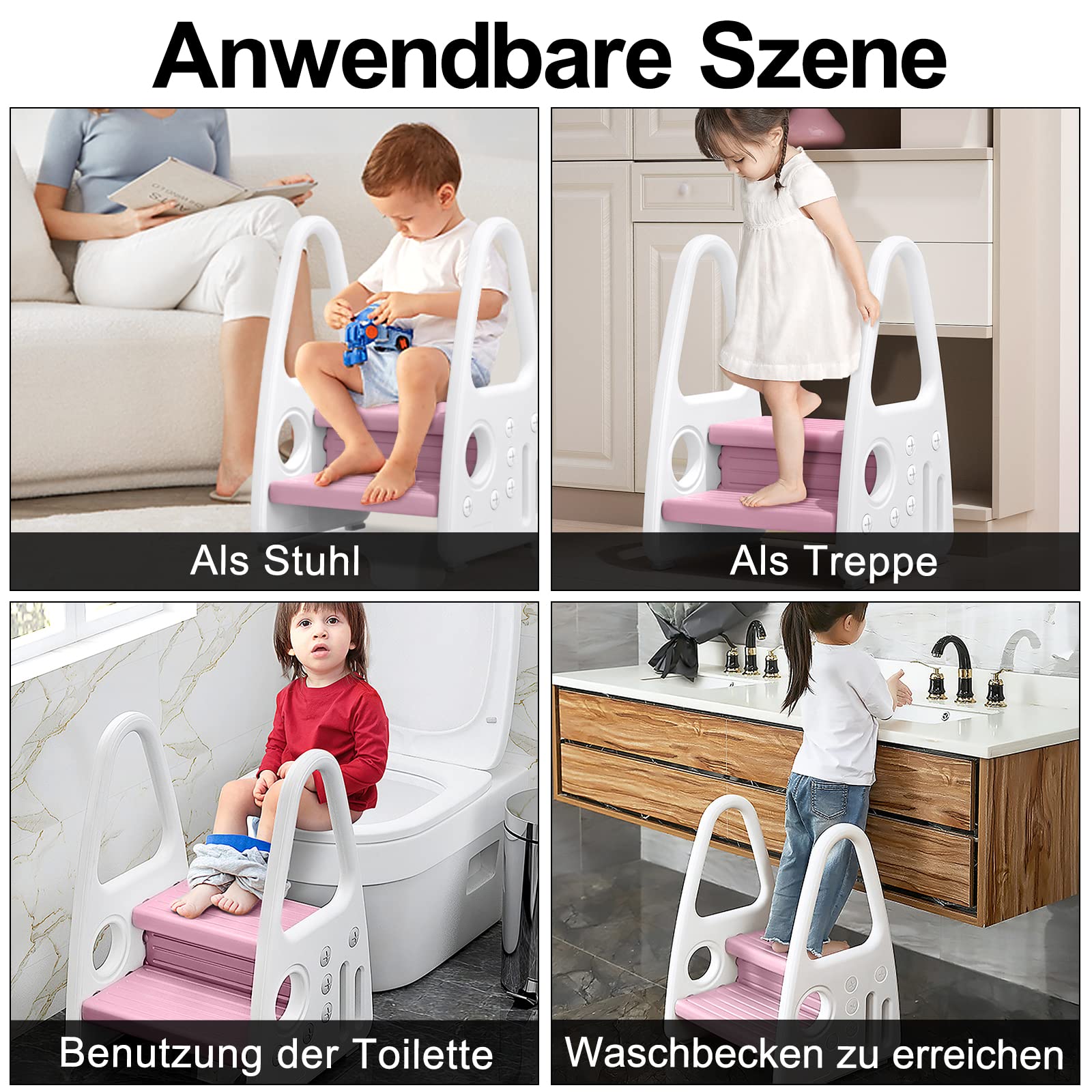 YRHome Kinder Tritthocker Trittschemel 2 stufiger Lernturm Kinderschemel Kleinkind Trittstufe Tritthocker Schemel Stehender aus Kunststoff Sicherheit Pyramiden-Struktur Küche Kinderzimmer Bad, Rosa