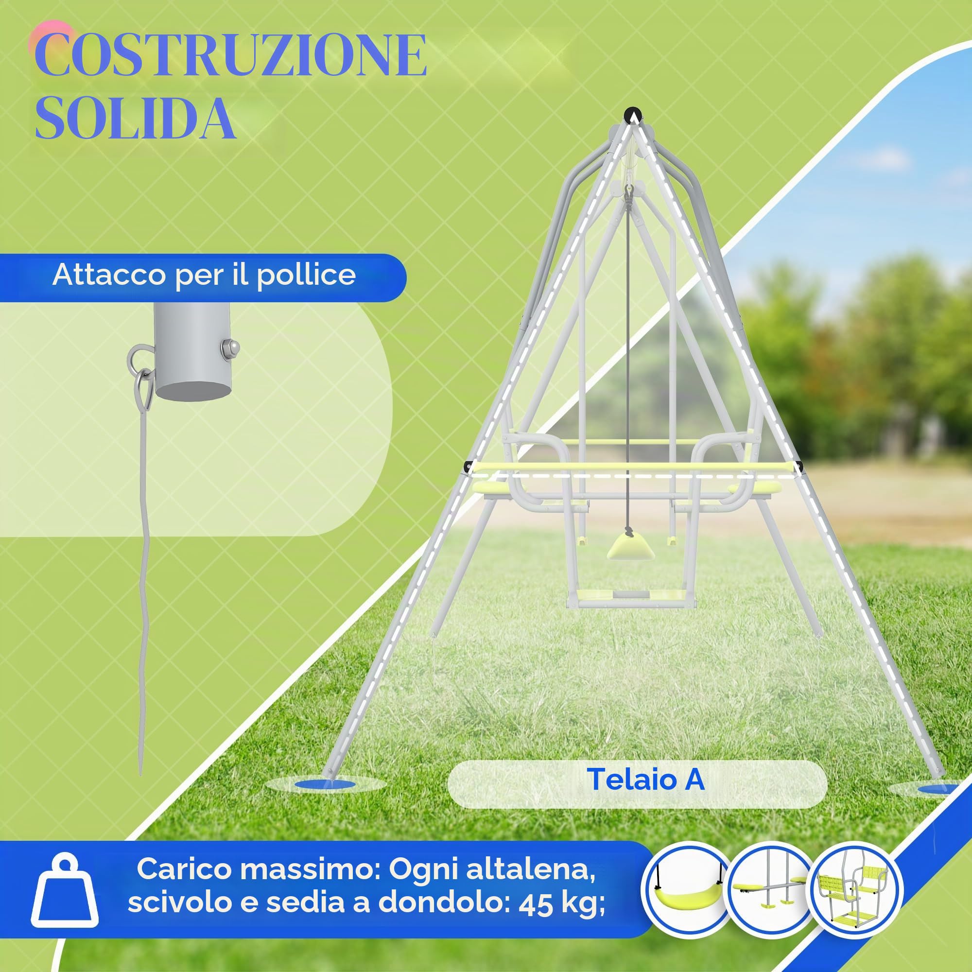 Outsunny Altalena per bambini 3 in 1 con 1 faccia a faccia e 3 set, telaio in metallo, portata massima 225 kg, area giochi all'aperto, verde