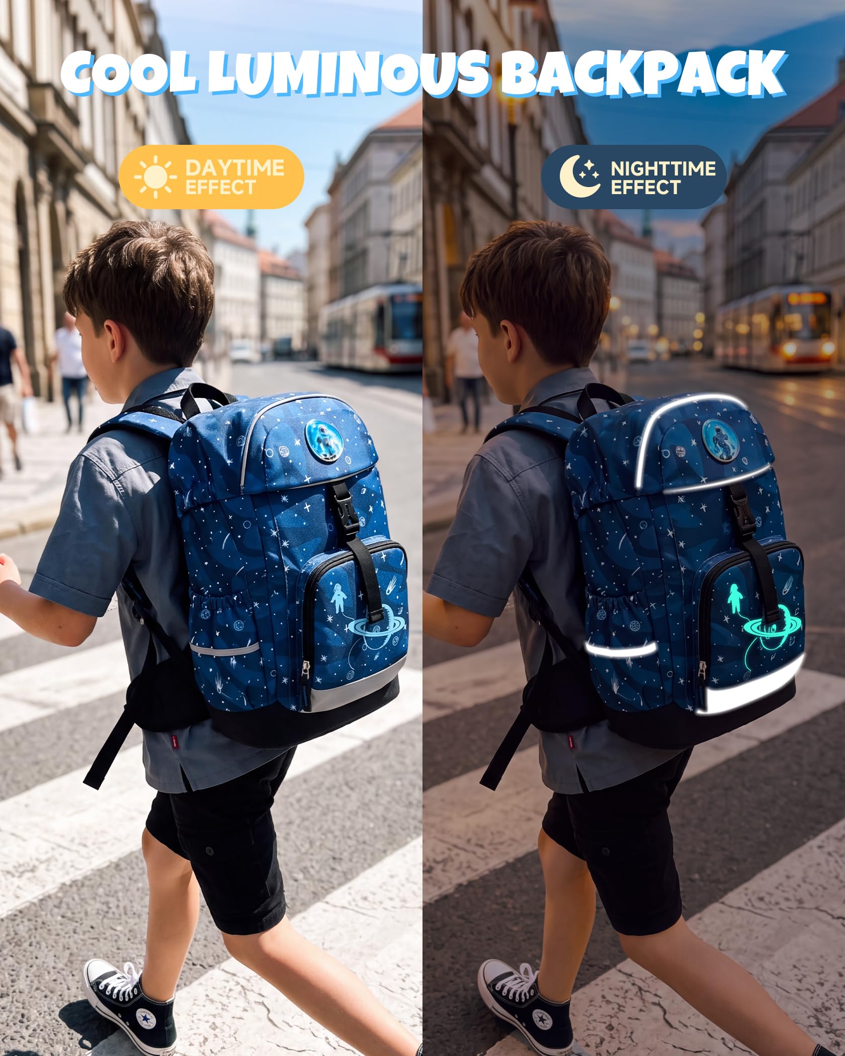 Amythe Cartable Ergonomique Garçon Set 3 Pièces CP-CM2, Ceinture Amovible | Enfant Sac à Cordon Chaussures, Pochette Compartimentée, Boucle de Poitrine, Bandes Réfléchissantes, Housse de Pluie