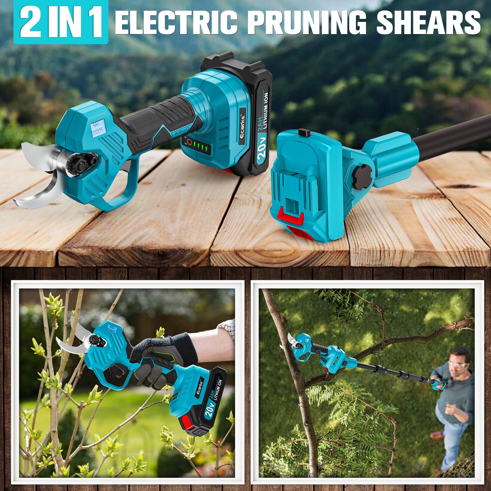 Ecarke Akku-Astschere mit Teleskopstange (2 m) kompatibel mit Makita 18V, inklusive 2× 2,0Ah Akkus, 40mm Schnittdurchmesser – kabelloses Gartengerät für präzises und effizientes Schneiden
