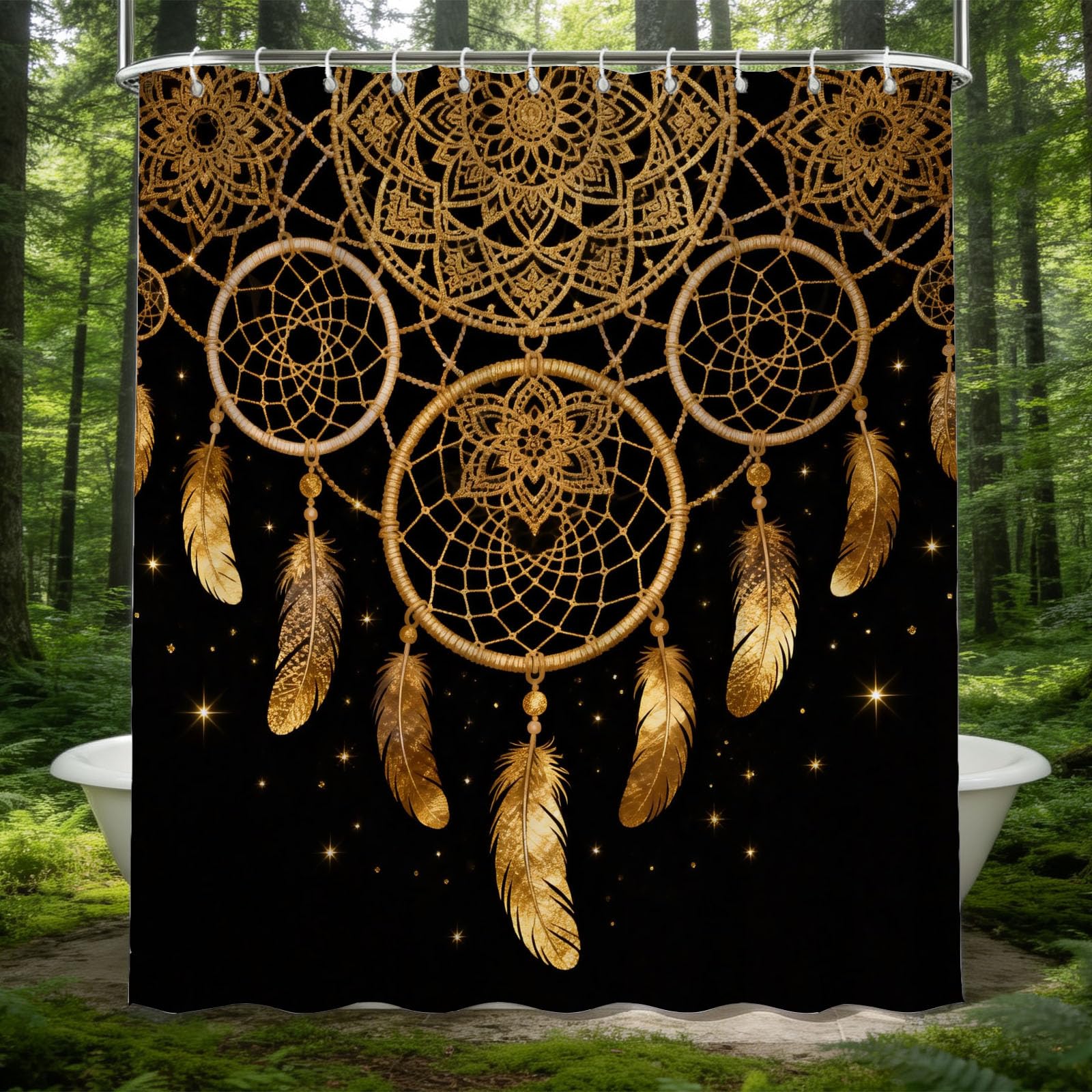 Hongduo 3D Vintage Dreamcatcher Shower Curtain for Stalls Bathtubs Feather Bathroom Decor Shower Curtain Set Polyester Fabric Waterproof 180x180cm/71X71 Inch with Hooks