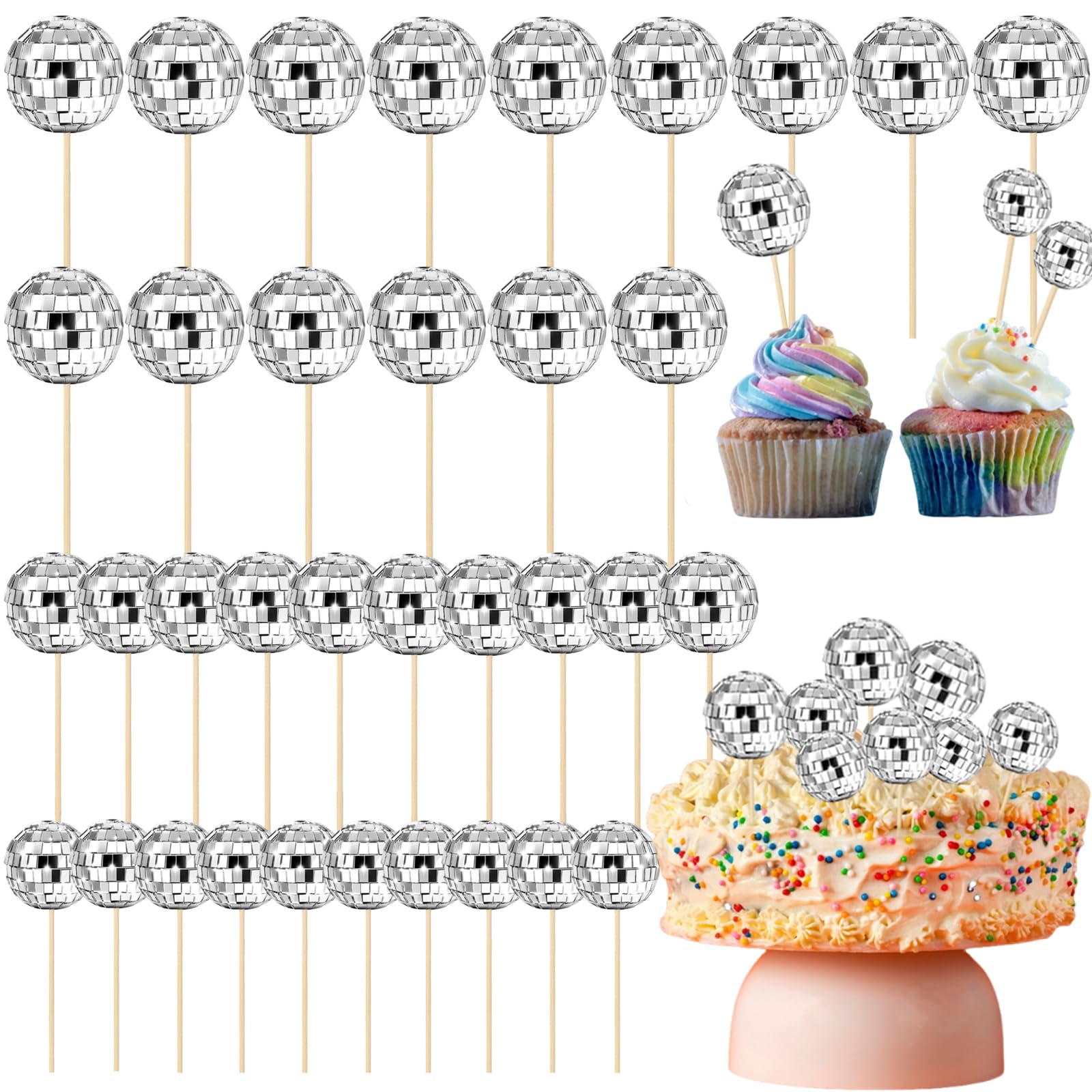 35 PCS Disco Ball Cake Topper with Bamboo Sticks for Theme Party Decorations and Dessert Supplies (Silver)