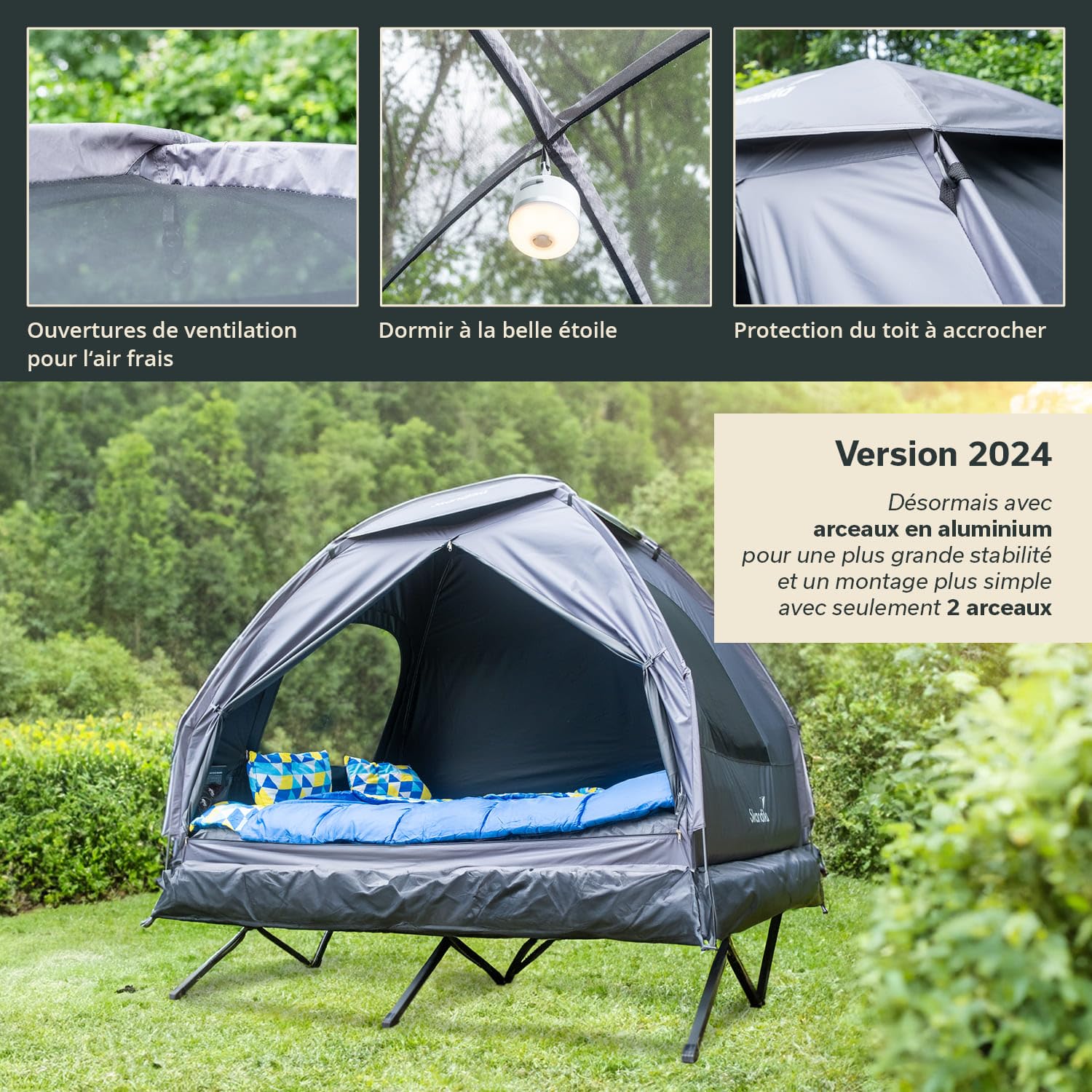 Skandika Haug Lit de Camp Surélevé avec Toit 2 Pers. | Tente-Lit de Camping, Matelas Gonflable, Étanche, d'Extérieur, Max 160 kg | Tente de Pêche 4en1 (Gris avec Sleeper Technology)
