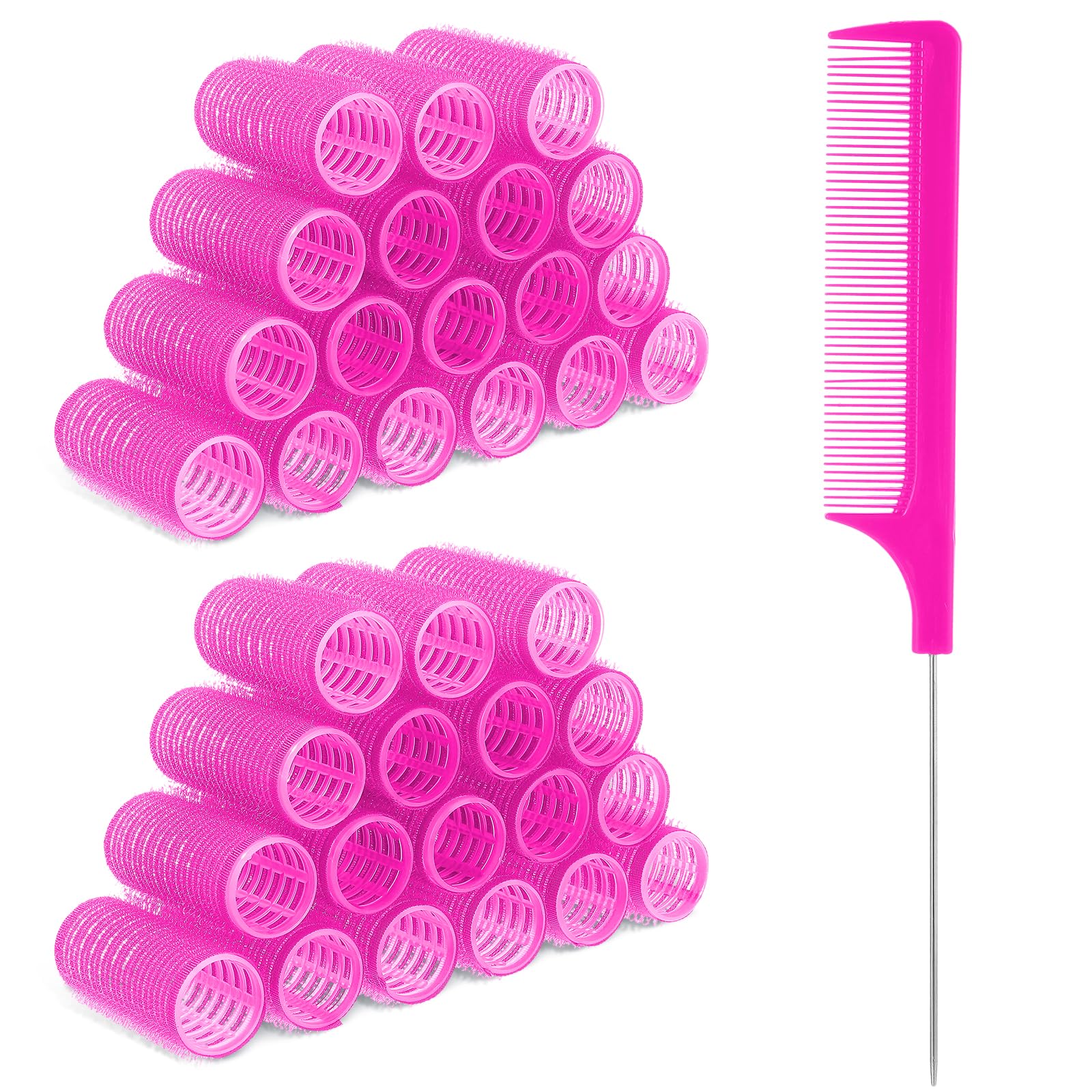 18pcs Self Grip Hair Rollers with Small Comb,Heatless Hair Curler,Plastic Rose Red Small Hair Rollers for Pro Salon Hairdressing and DIY Hairstyles (0.98 X 2.44 Inch)