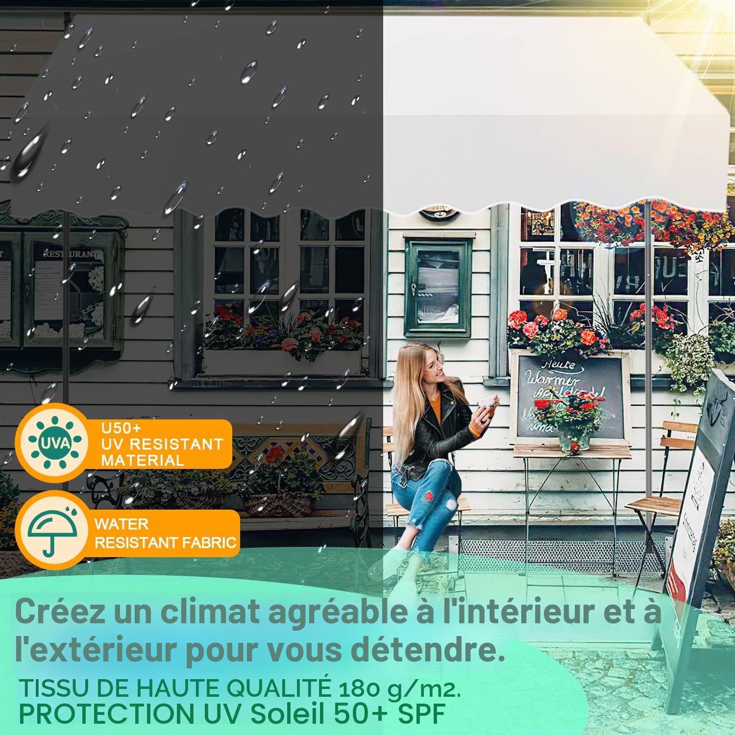 Ikodm Store Banne Manuel, Auvent Rétractable avec manivelle 400 x 120 x 200-300 cm sans perçage - Résistant aux UV - Réglable en Hauteur - Protection Solaire - Imperméable - Montage Facile