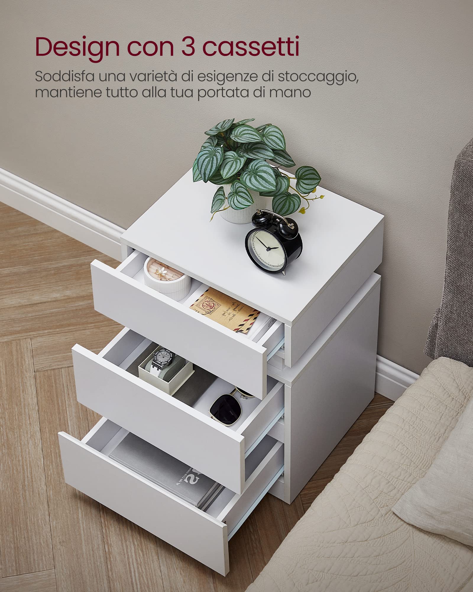 VASAGLE KAILYN Collezione - Set di 2 Comodini con Striscia Luminosa di Luci a LED Multicolore Variabile, 3 Cassetti, Tavolino in Stile Moderno, 35 x 40 x 55 cm, Bianco LET0830W01