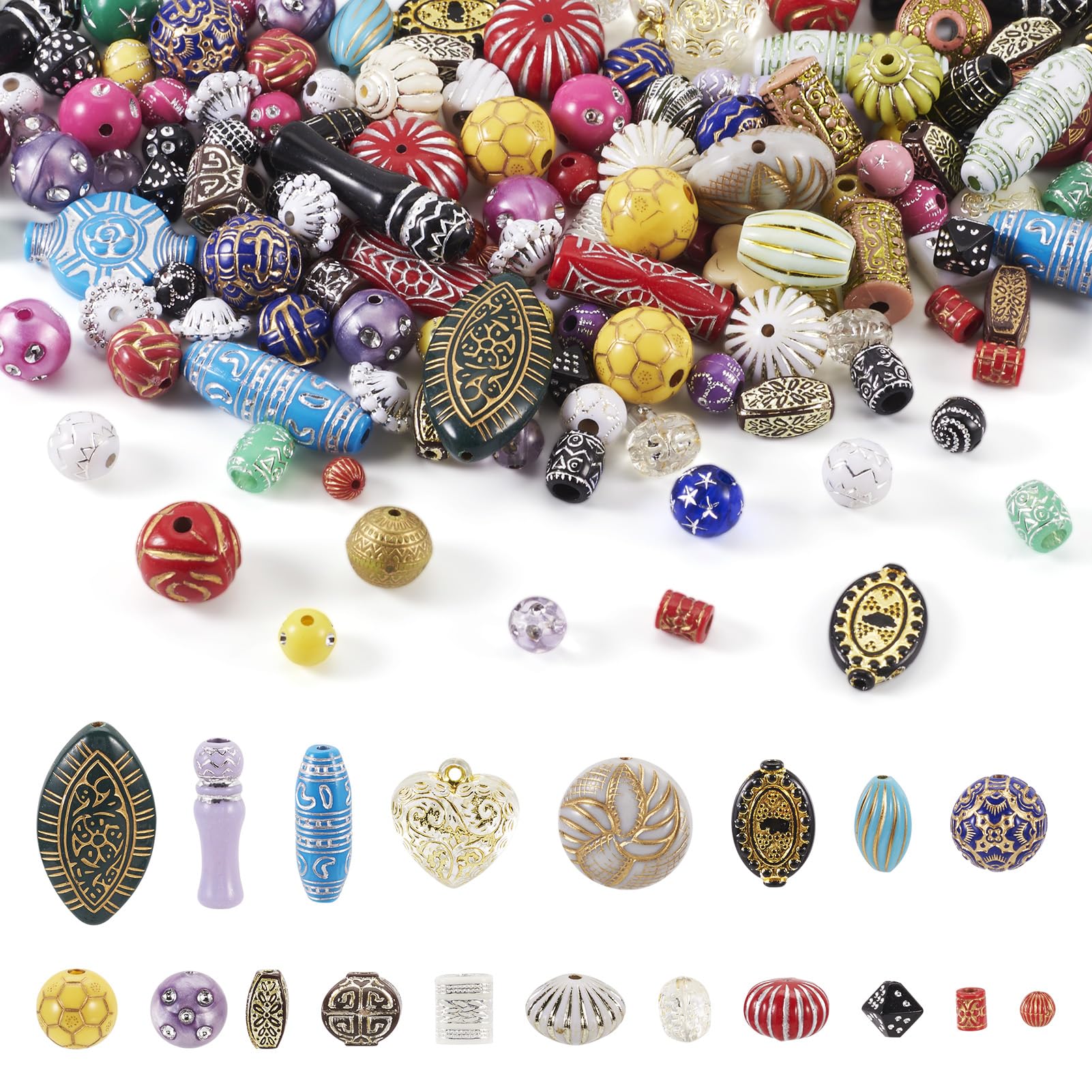 Spritewelry 100G Acrylic Assorted Beads Metal Enlaced Round Oval Heart Beads Loose Spacer for Jewelry Making Bracelets Necklaces Keychain DIY Crafts