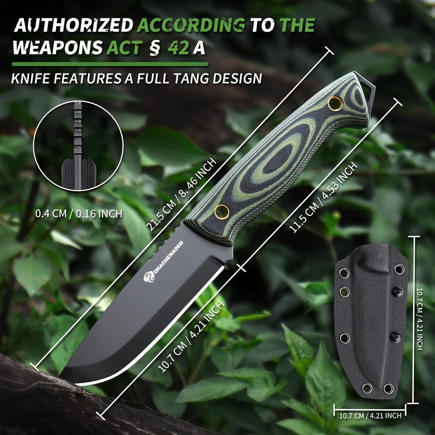 Fixed Blade Survival Knife with Fire Starter, Whistle & Compass, Full Tang D2 Steel Blade, Horizontal Carry Sheath for Outdoor Sports