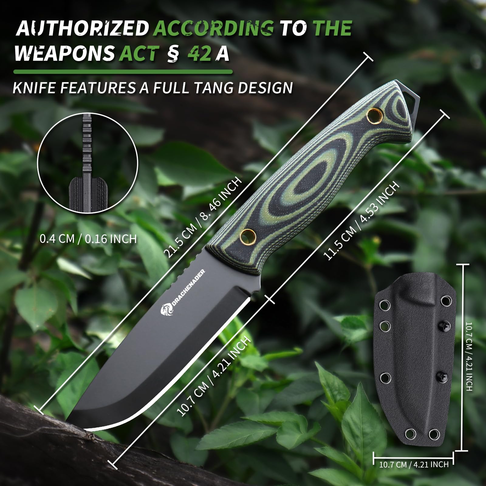 DRACHENADER Cuchillo de Supervivencia AQUILA-X, hoja 10,7 cm, Full Tang, acero inoxidable D2, con funda Kydex para cinturón, hoja negra y mango G10 verde