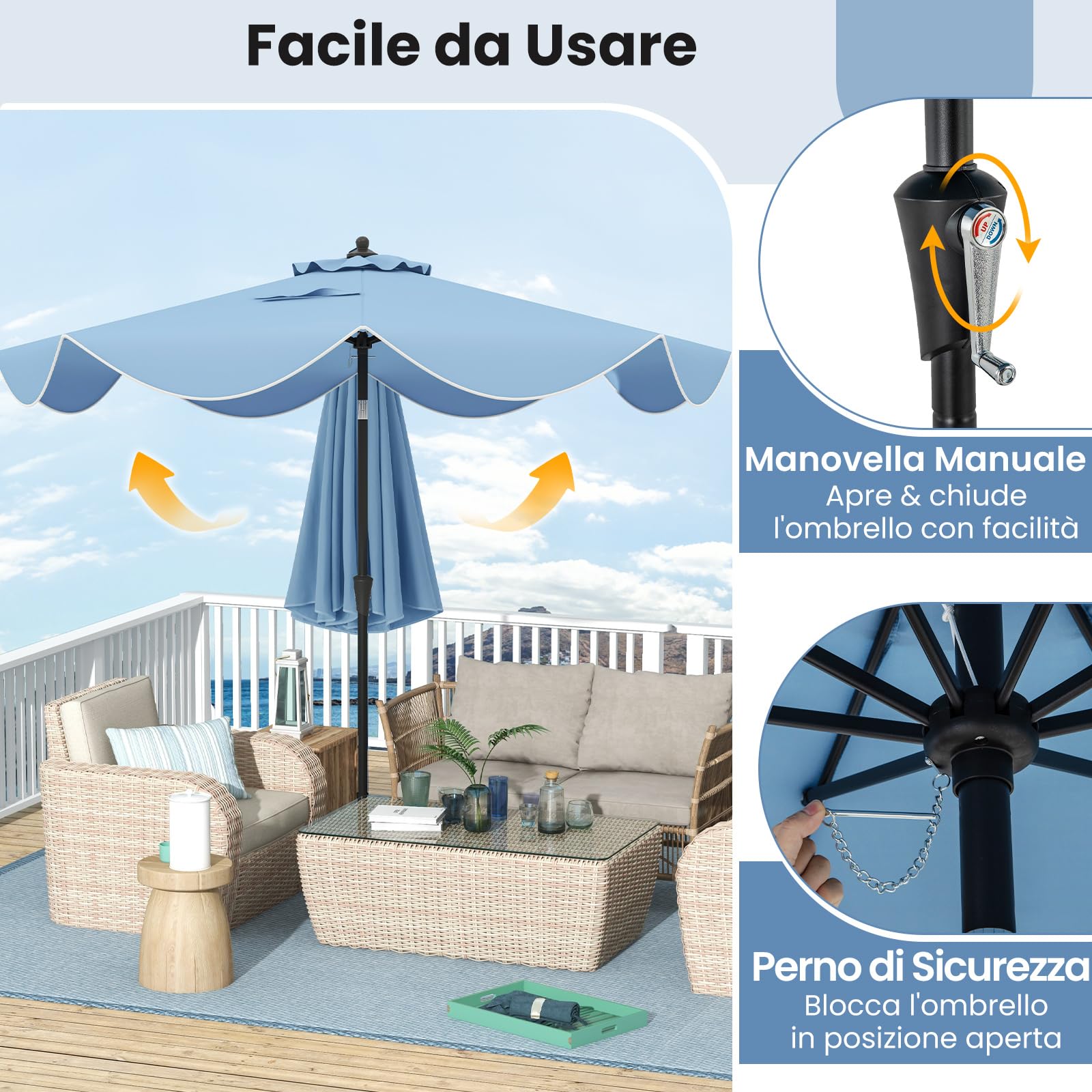 RELAX4LIFE Ombrellone da Giardino 270cm, Parasole da Esterno con 8 Stecche, Inclinazione Regolabile, per Giardino, Spiaggia e Balcone (Blu-Stile2)