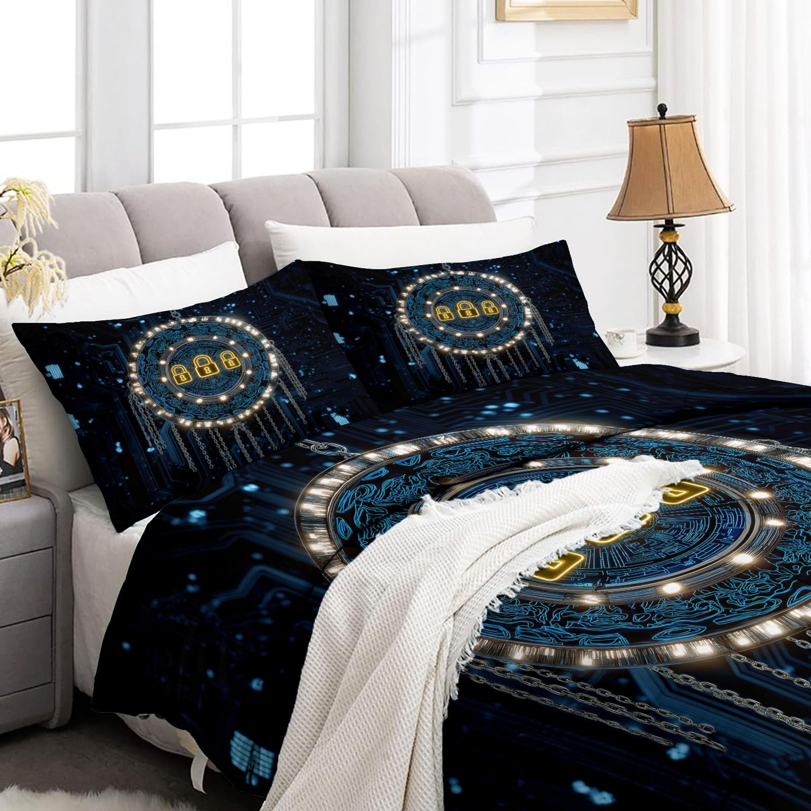 Abstrakcyjny dwustronny koc pikowany miękki i oddychający, pikowana narzuta na łóżko, lekka i oddychająca fantasy science fiction geometryczne paski - poszwa na kołdrę 200 x 220 cm pikowany koc