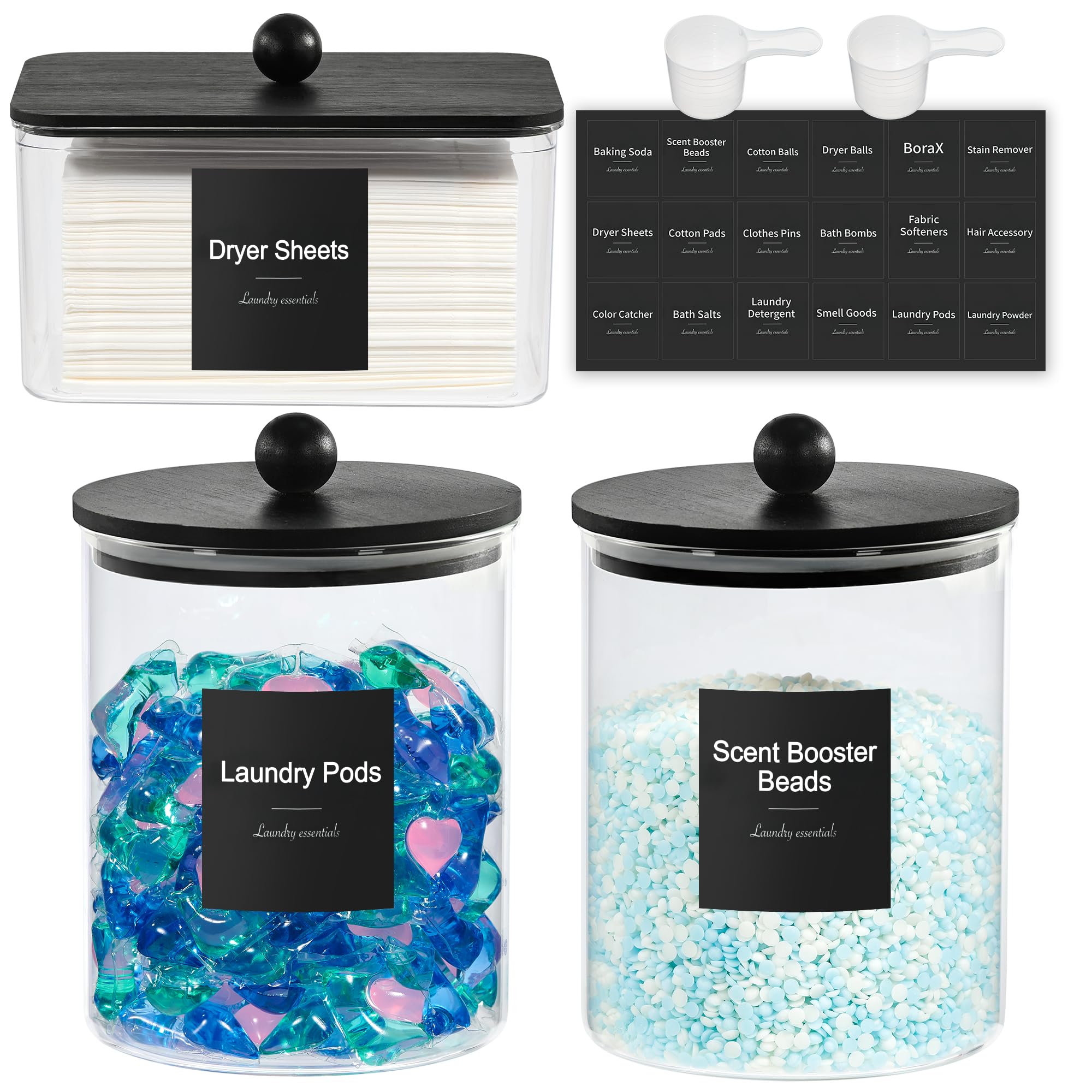Glass Laundry Pods Container & Acrylic Dryer Sheet Holder with Balck Bamboo Knobs Lids, Scoops & Labels | Premium Laundry Room Organization and Storage for Detergent Pods, Powder, Dryer Balls & Beads Black Cap with handle