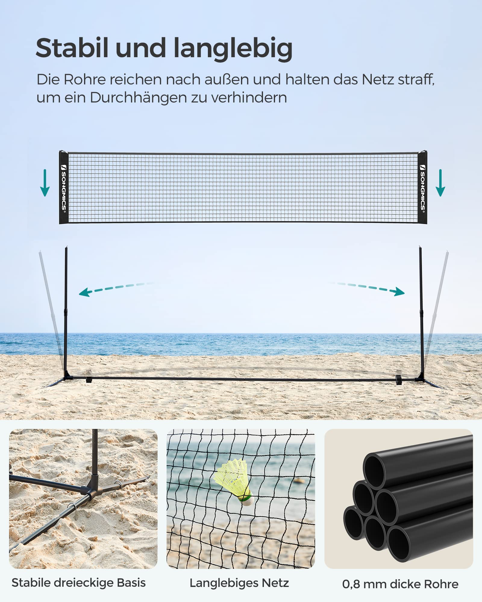 SONGMICS 300 cm/400 cm/500 cm Badmintonnetz, Volleyballnetz, höhenverstellbare Stangen, tragbares Set für Tennis, Beach-Volleyball, für Garten, Park, Outdoor