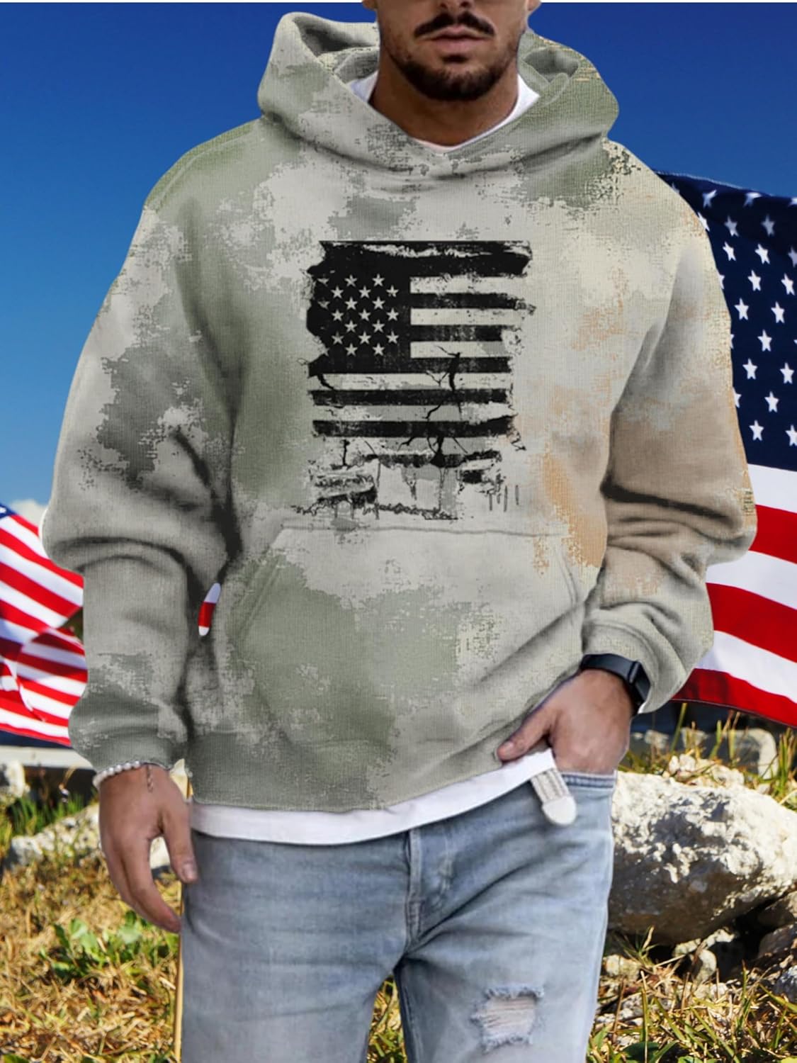ZOCAVIA Mens American Flag Camo Hoodies Western Cowboy Graphic Hooded Sweatshirts Fall Fashion Retro Pullover Top with Pocket