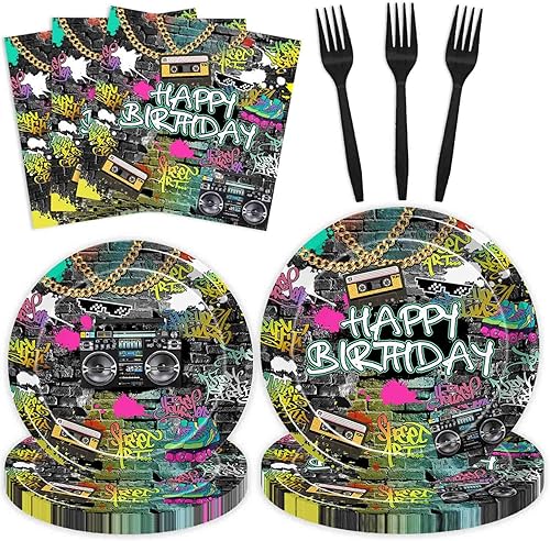 Juego de 96 piezas de vajilla de fiesta de cumpleaños de pared de ladrillo de graffiti, hip hop, 80, 90, cumpleaños, platos de papel desechables y