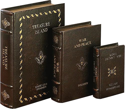 Deco 79 Caja decorativa de madera de inspiración vintage con forma de libro de almacenamiento con detalles de piel sintética, juego de 3 cajas