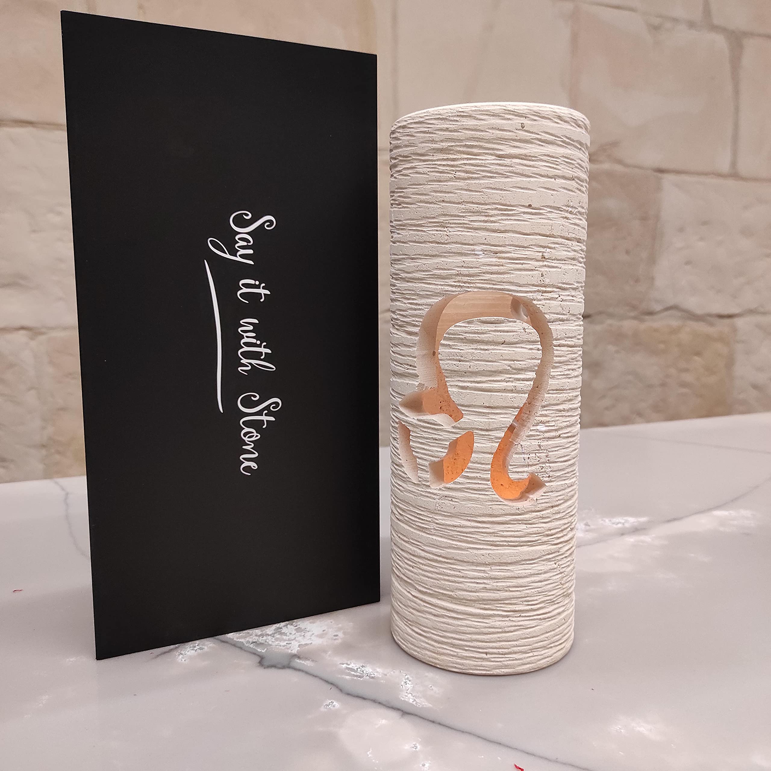 2 in 1 Leo Large Stone Candle Holder & LED Lantern Handmade in Italy - Incl Gift Box, Candle, LED Light with Batteries & Blank Message Card - Decorative Centerpiece Porch Birthday Zodiac Horoscope