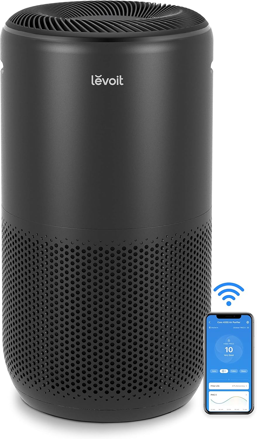 LEVOIT Core 400S Smart Air Purifier in black, shown alongside a smartphone displaying its air quality monitoring app.