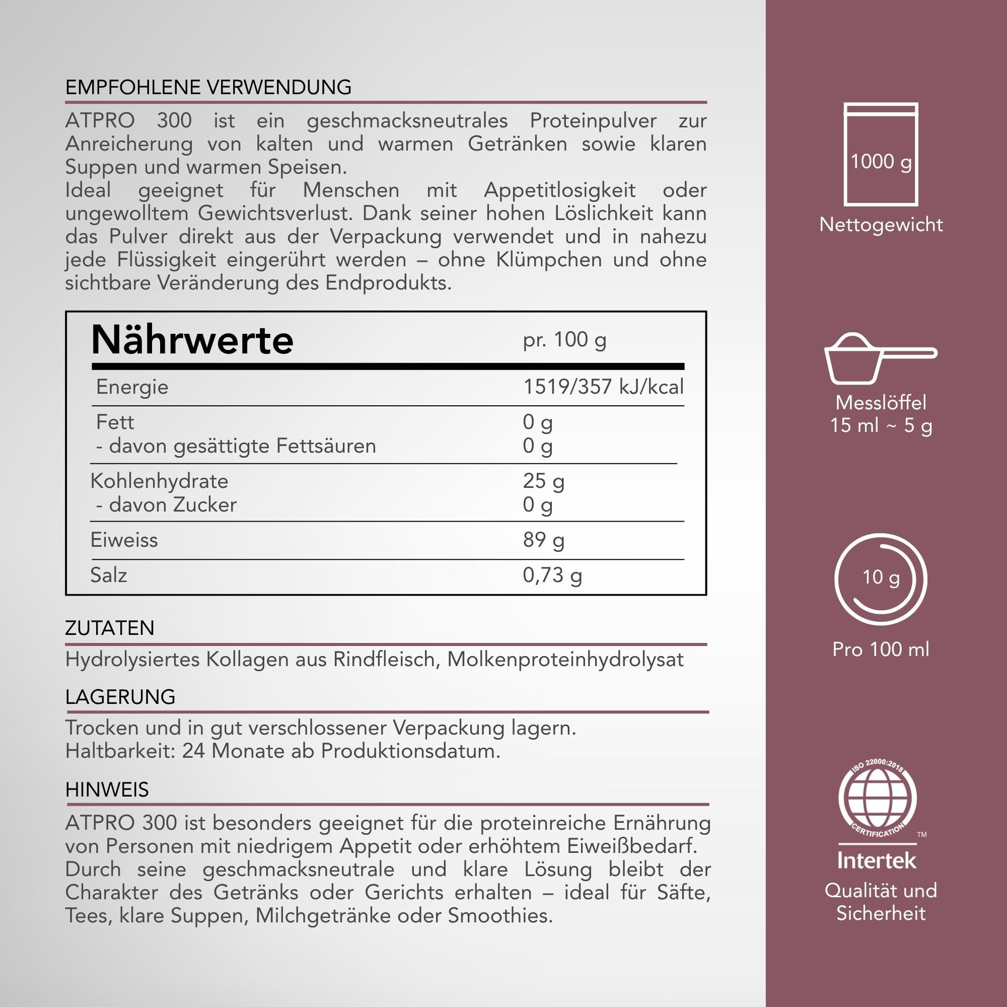 ATPRO 300 Neutrales Proteinpulver, Molkenisolat und Kollagen 1000g