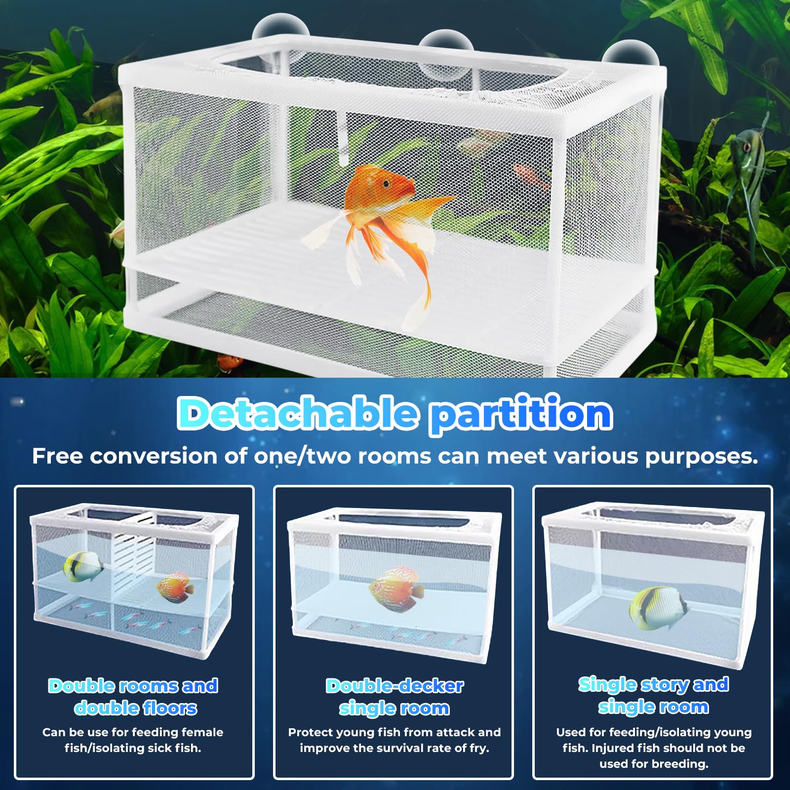 Feibety Aquarium Fish Breeder Net, Breeding Box with Nylon Mesh & Suction Cups, Separation Net, Large Mesh Net Fry Saver - Image 2
