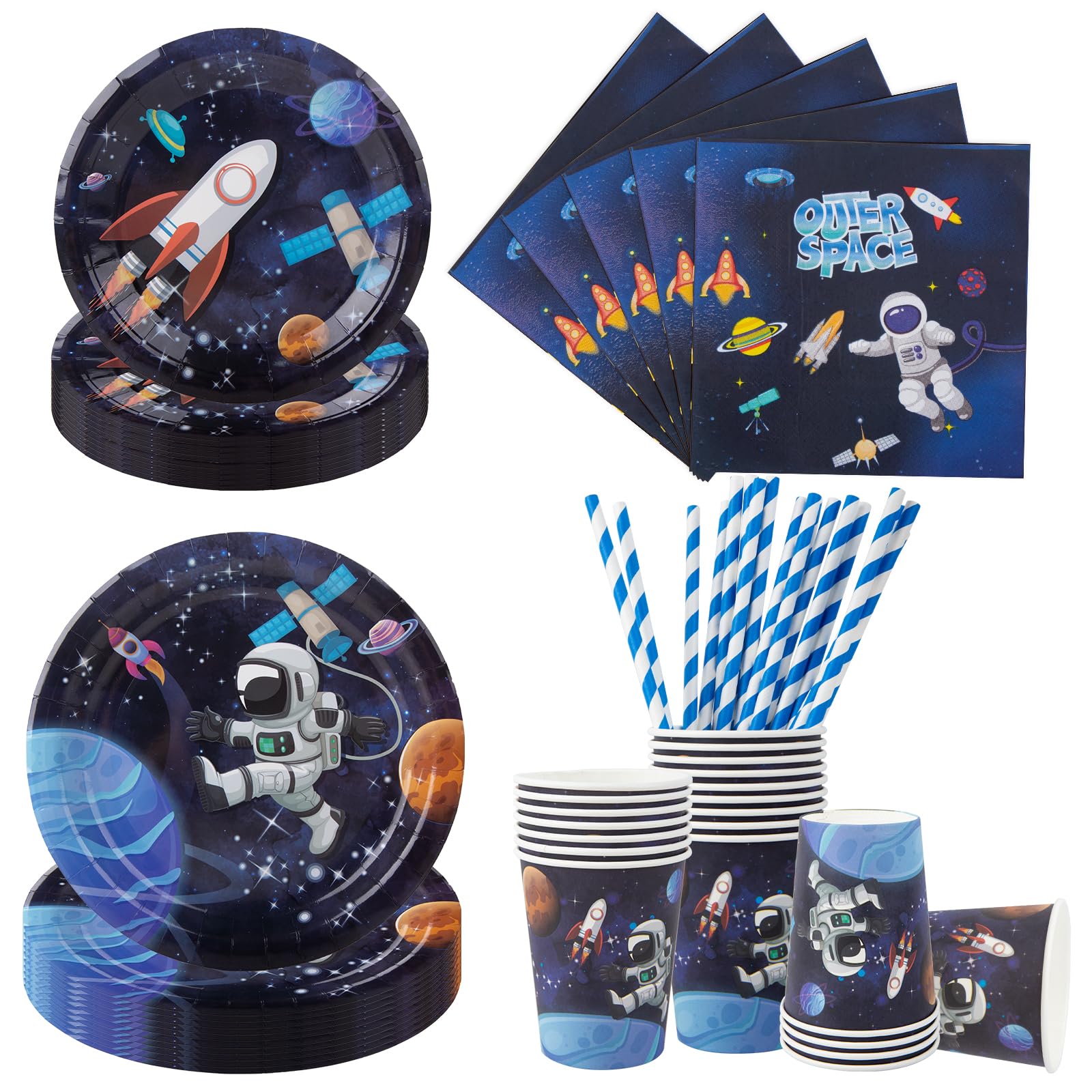 Aitsite 100 Stück Weltraum Partygeschirr Set, Astronaut Partyteller Geburtstag für 20 Gäste, Weltraum Geburtstag Geschirr, Einwegteller Pappbecher Servietten Strohhalme Party Deko