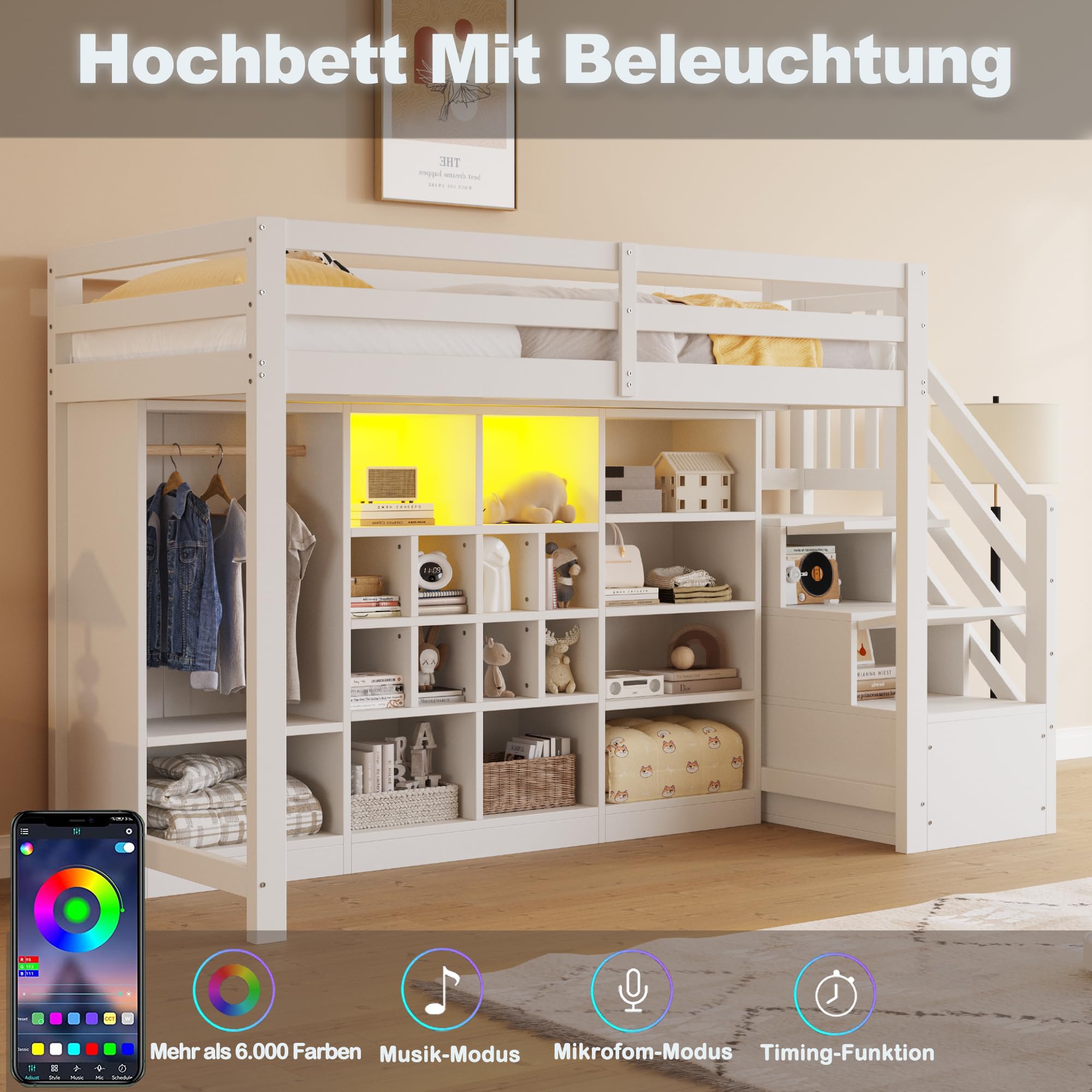 Soweiz Cama alta de 90 x 200 cm, con armarios de almacenamiento con varios compartimentos y un armario, con iluminación LED, escalera lateral integrada, espacio de almacenamiento (blanco)