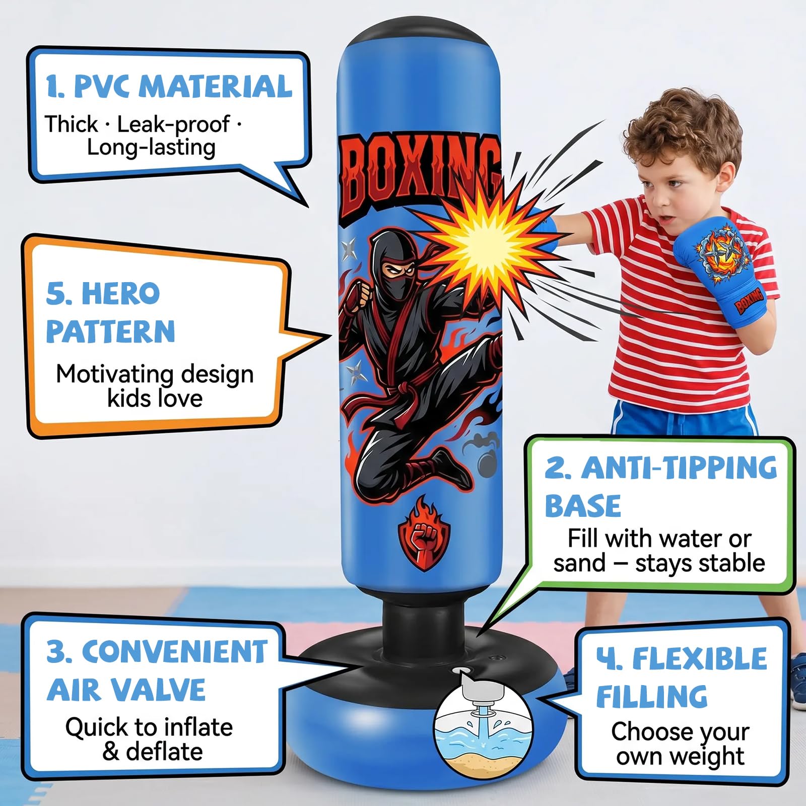 Sacco da boxe da pavimento, sacco da boxe per bambini, gonfiabile, con guanti | Sacco da boxe gonfiabile stabile per karate, kickboxing, MMA, regalo ideale per ragazzi e ragazze
