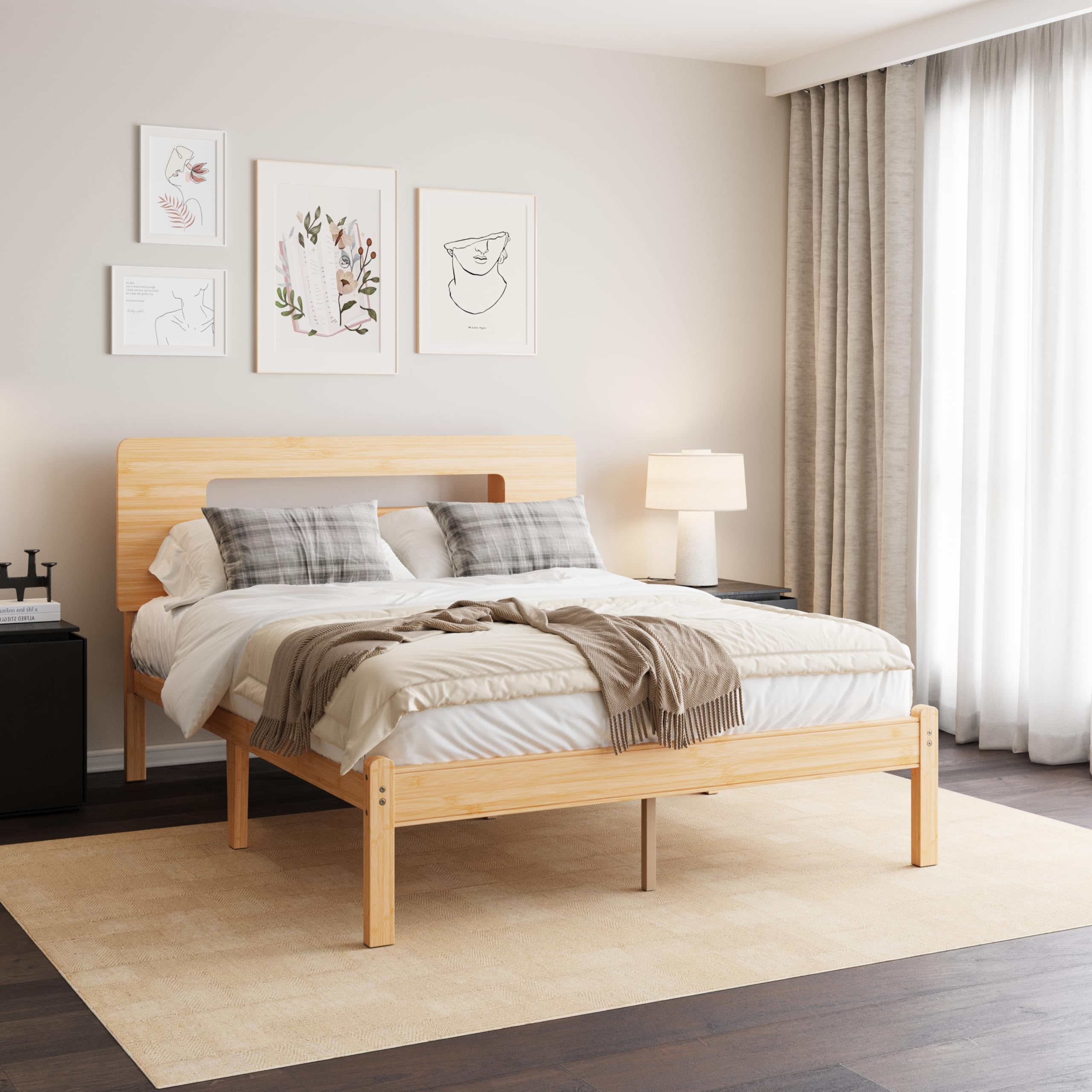 14 Inch Natural Yellow Solid Bamboo Platform Bed Frame with Storage Headboard - Full Size, Noise-Free, 1000 LBS Capacity, No Box Spring Needed