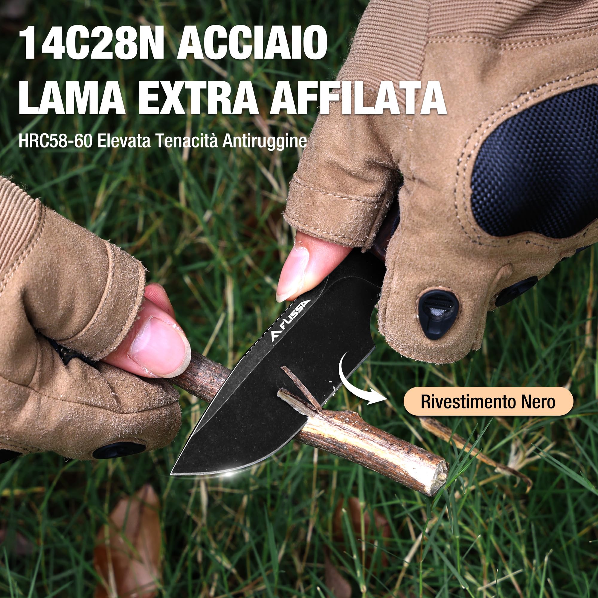 FLISSA Coltello a Lama Fissa con Manico in Ebano Nero, Design Full Tang, Lama Affilata in Acciaio 14C28N, Clip per Cintura Rotante 180°, Ideale per Sopravvivenza, Campeggio ed Escursionismo