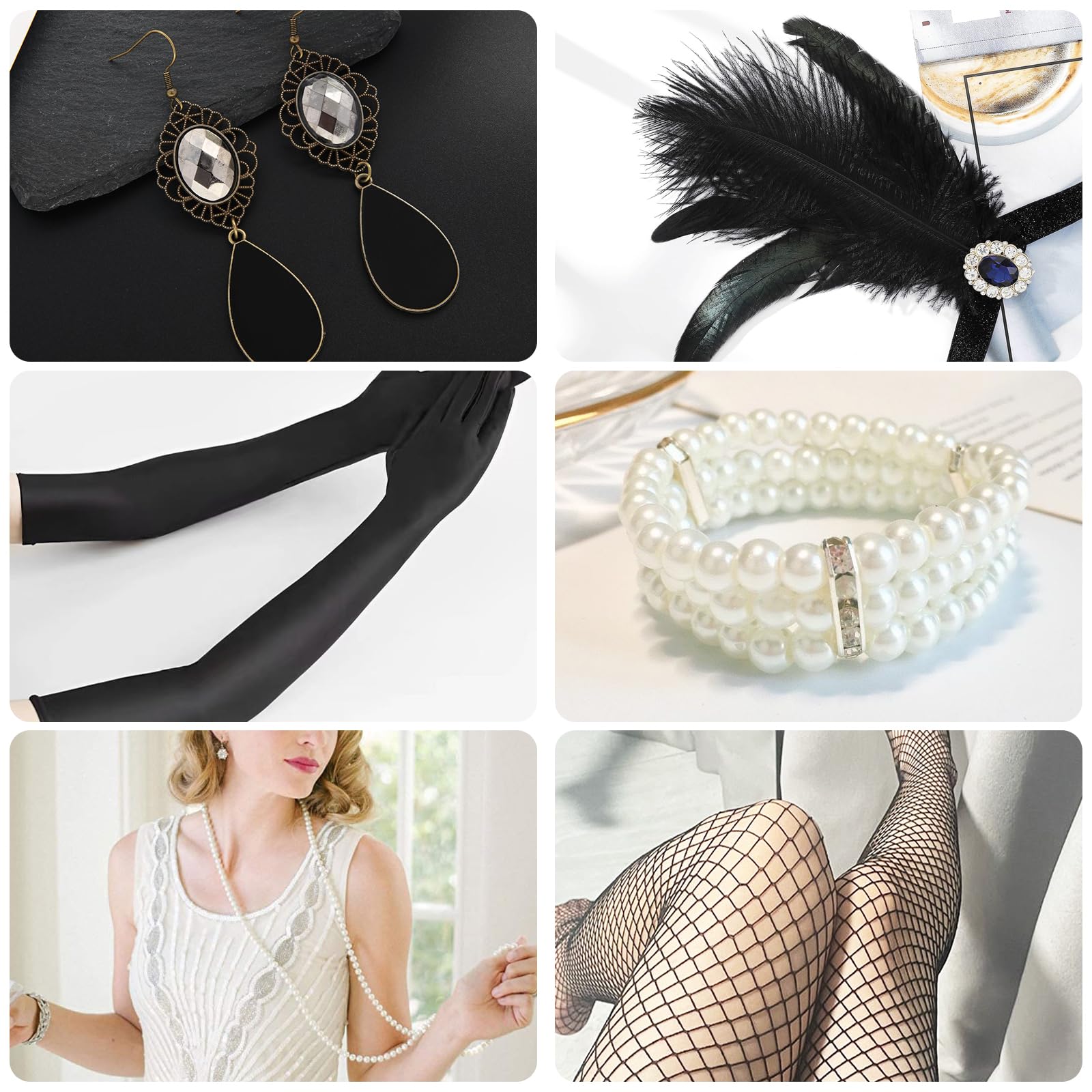 GIEEU 7 Pieces 1920 Accessories Set,Great Gatsby Accessories for Women,20s Party Costume Headband,Black Long Gloves - Image 3