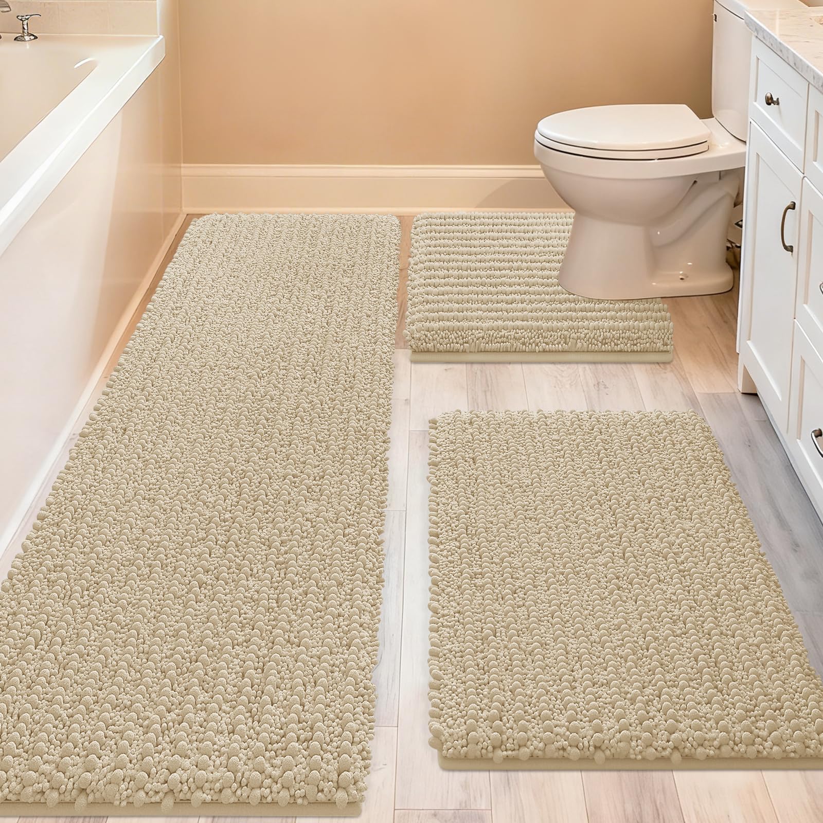 ACCUMTEK Upgrade Extra Large Beige Bathroom Rug Set 3 Pieces Ultra Soft, Thick Absorbent Bath Mats, Non Slip Chenille Toilet Mat for Bathroom, Bedroom