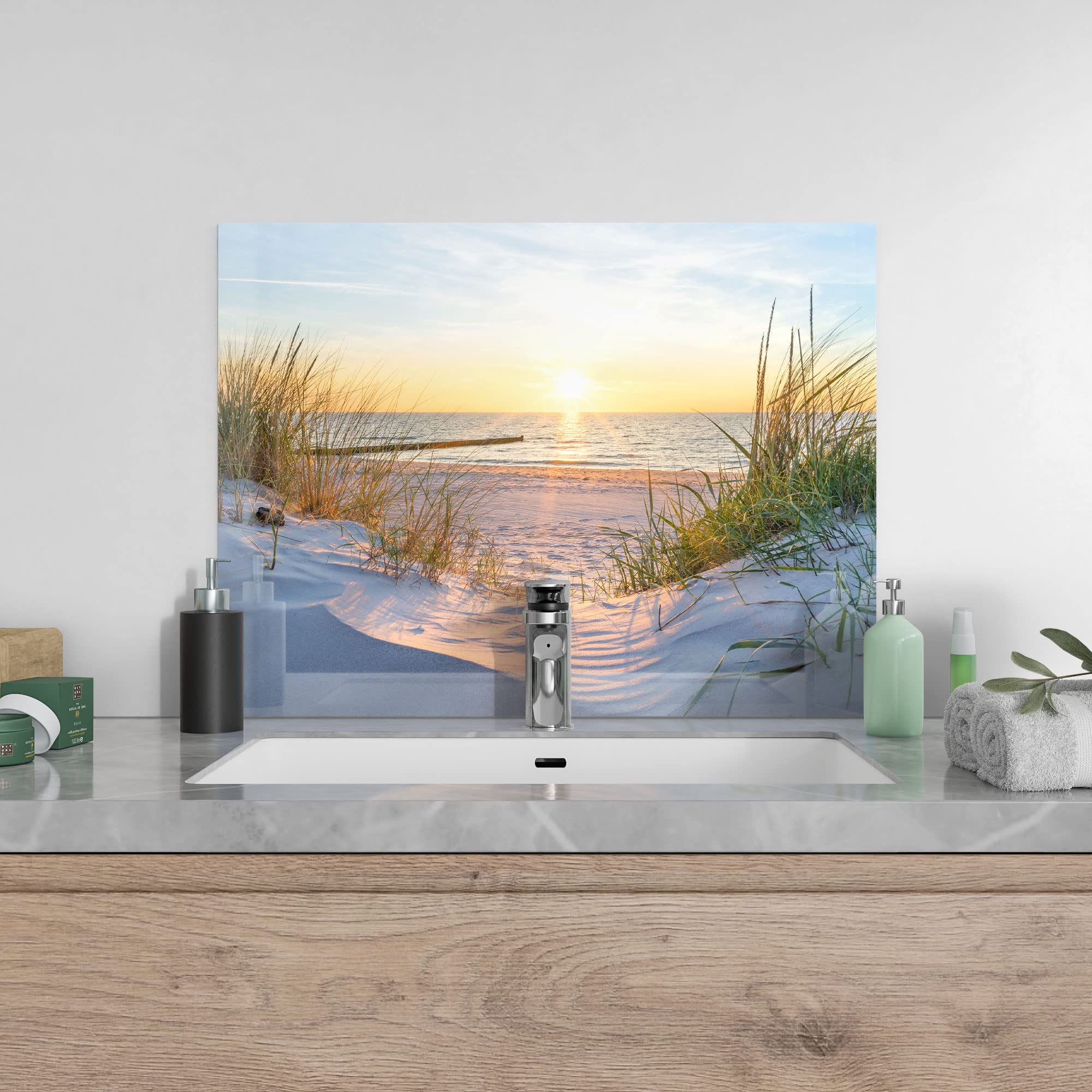 DEQORI Küchenrückwand Glas | Motiv Abendsonne an der Ostsee | 80x60 cm | Bad- oder Herd-Rückwand | Herdblende Spritzschutz für Küche & Badezimmer | moderne Deko für Fliesenspiegel