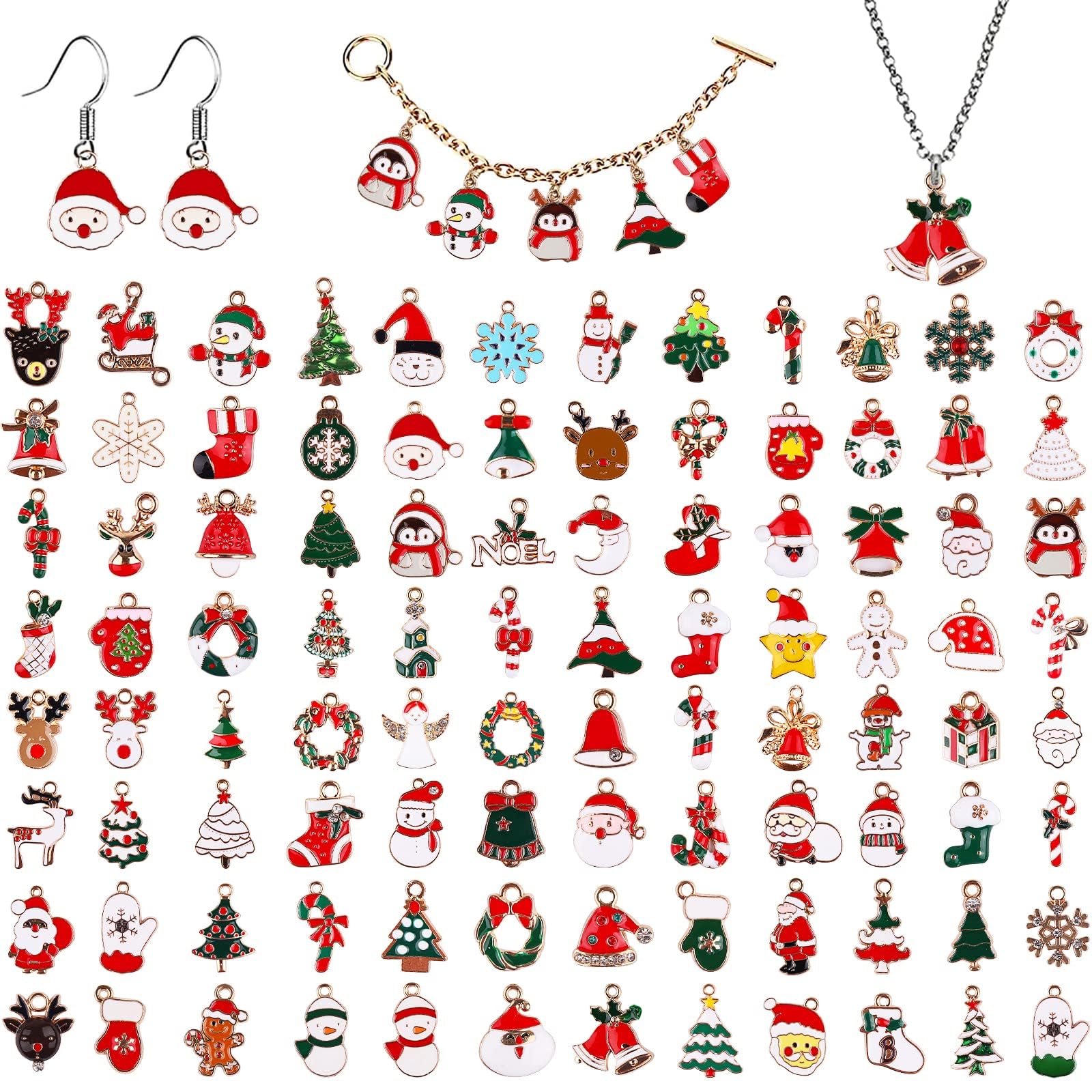 Kalolary 96P Christmas Enamel Gold Charms for Jewelry Making Assorted Gold Charms for Christmas Snowflake Snowman Tree Hat DIY Necklace Bracelet Earrings Making Crafting Decoration