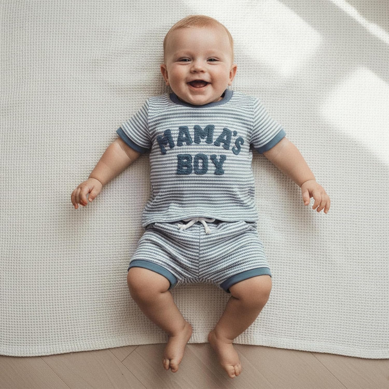 Baby Boy Summer Clothes Little Dude Embroidered Waffle Knit Short Sleeve T-Shirt Shorts Set Toddler Striped Outfit - Image 2