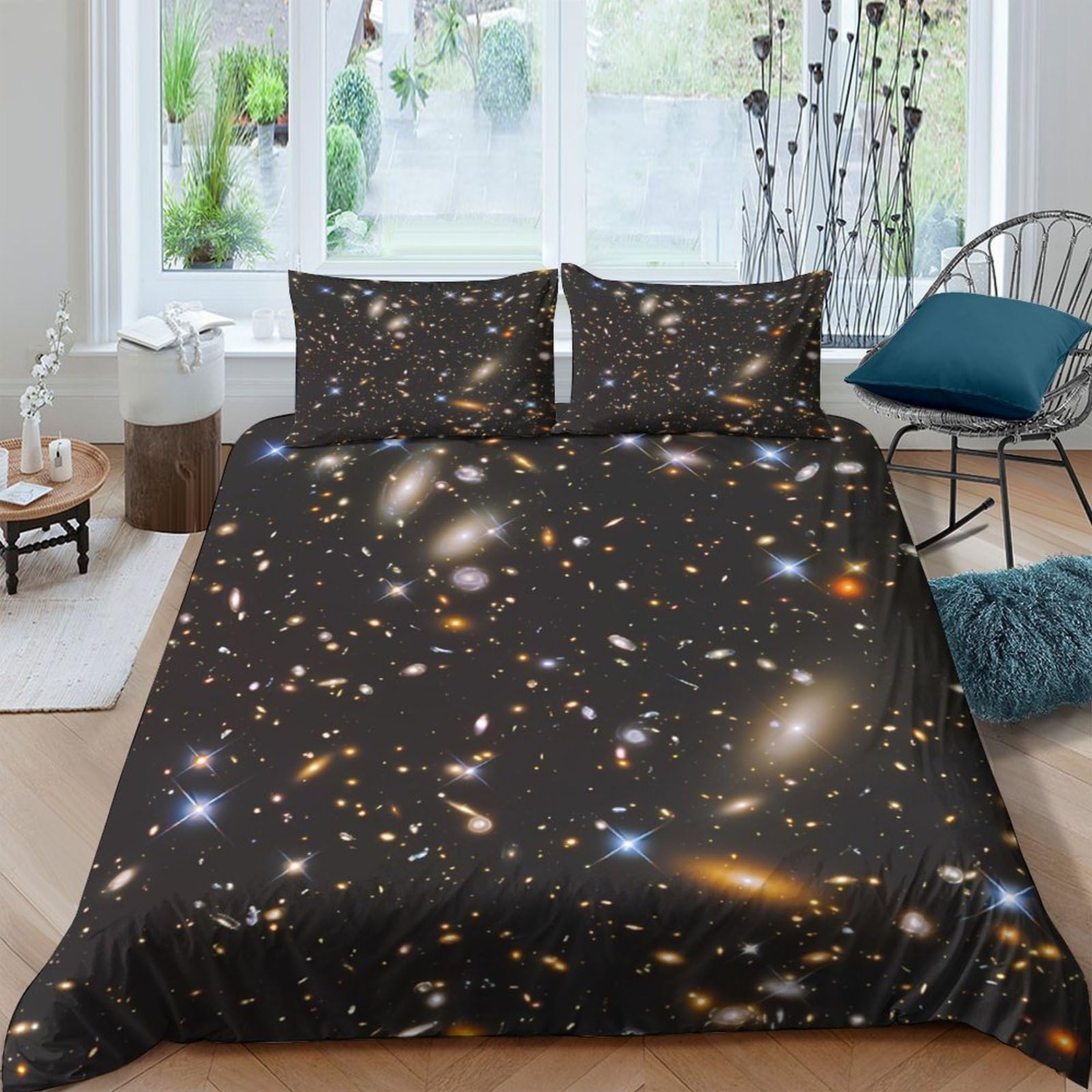 TUFRTGYHN 3D Printed Galaxy Starry Sky Duvet Cover Set Microfiber Soft Breathable Cosmic Nebula Bedding with 2 Pillowcases Single（135x200cm）