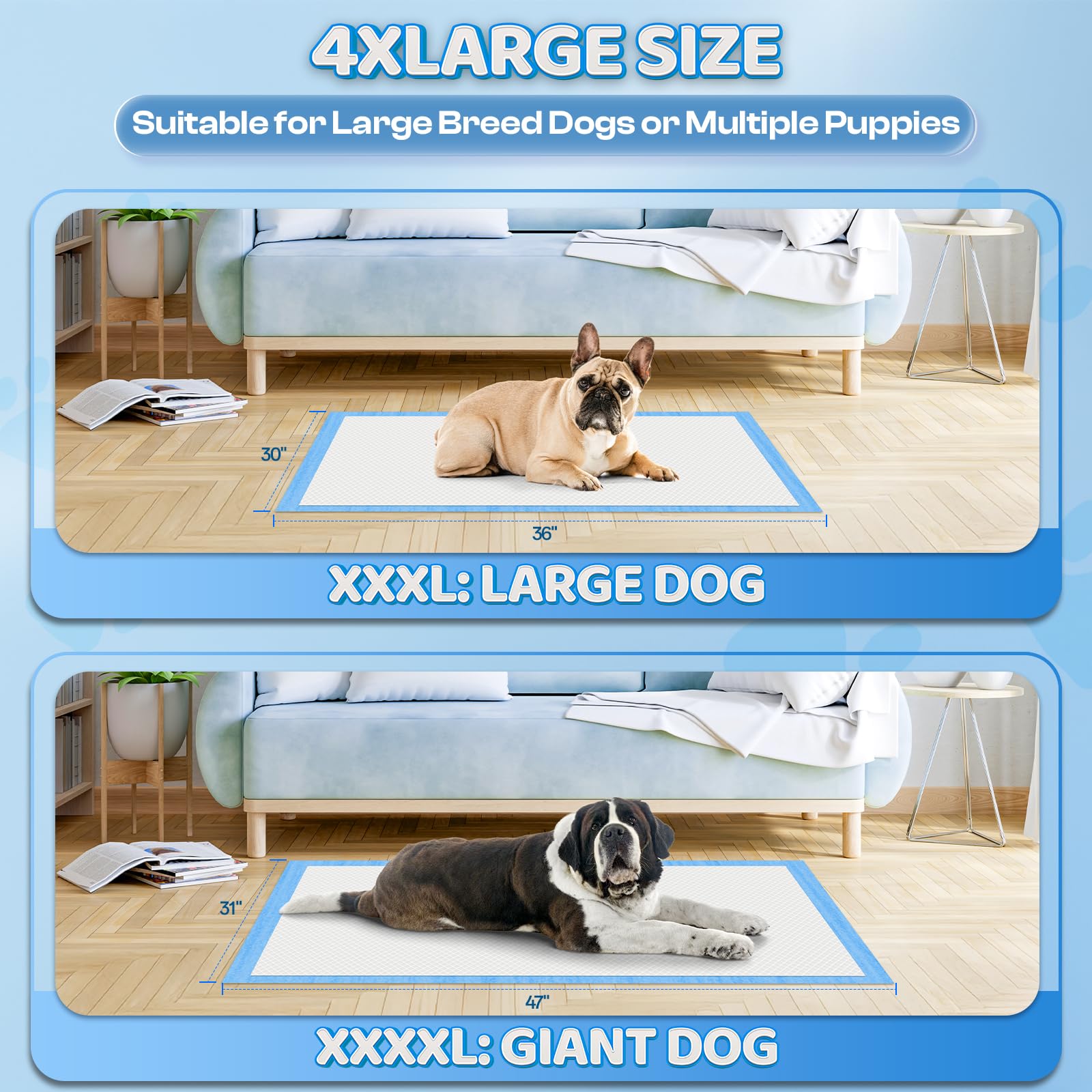 Boscute Almohadillas gruesas 4XL de 6 capas ultra absorbentes para orina de perro, 31 x 47 pulgadas, a prueba de fugas, control de olores, almohadillas de entrenamiento de secado rápido para cachorros