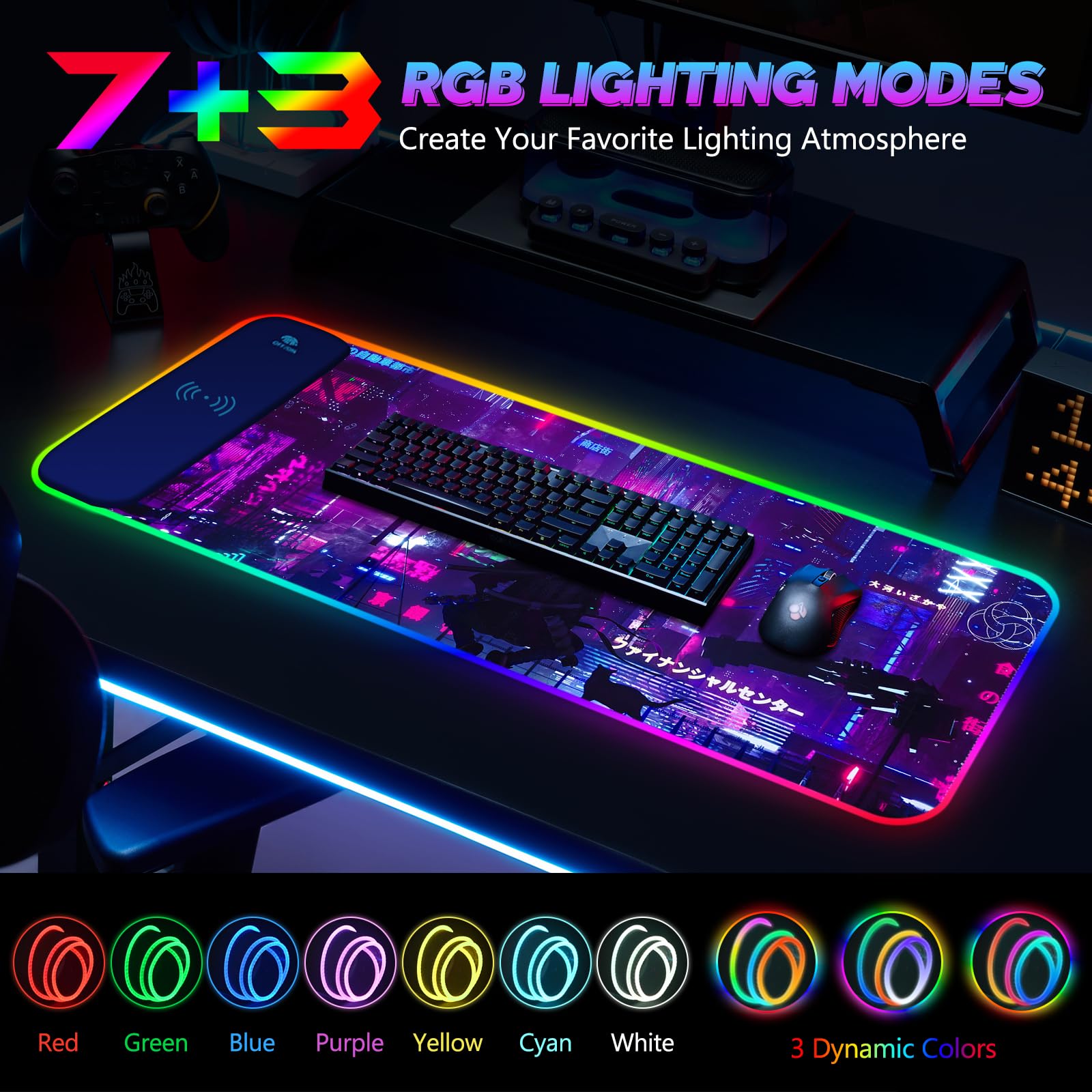 Tappetino per mouse RGB con ricarica wireless da 15 W, viola Anime Neon Extended Large LED Gaming Mouse Pad Base in gomma antiscivolo, 10 modalità di illuminazione, tappetino da scrivania per