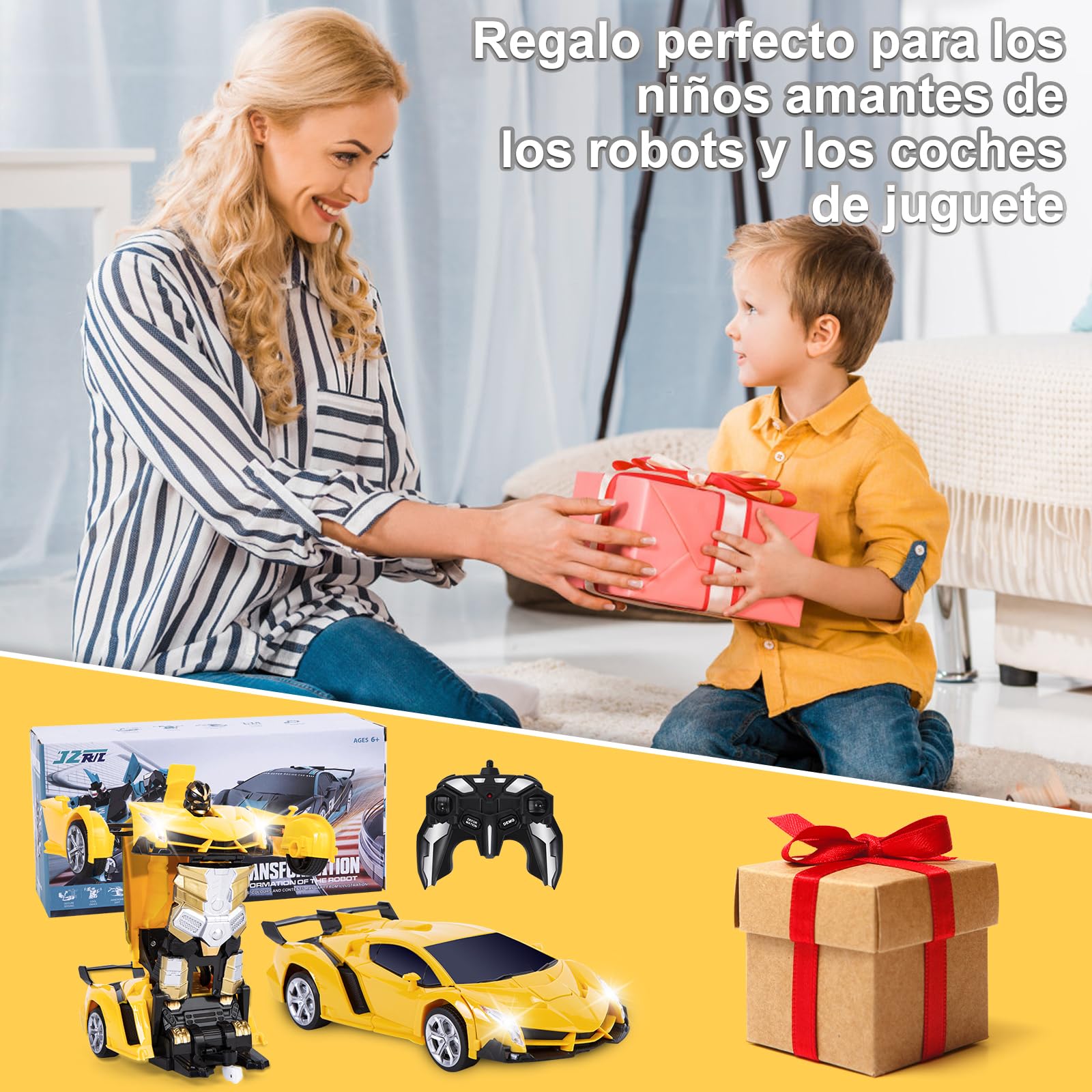 Yellcetoy Transform Juguete Coche Teledirigido, Coche Robot con el Gesto de la Mano Sening Luz Intermitente Música y Efecto de Sonido, Transformador RC Car con Baterías para Niños 3-10 Años Amarillo
